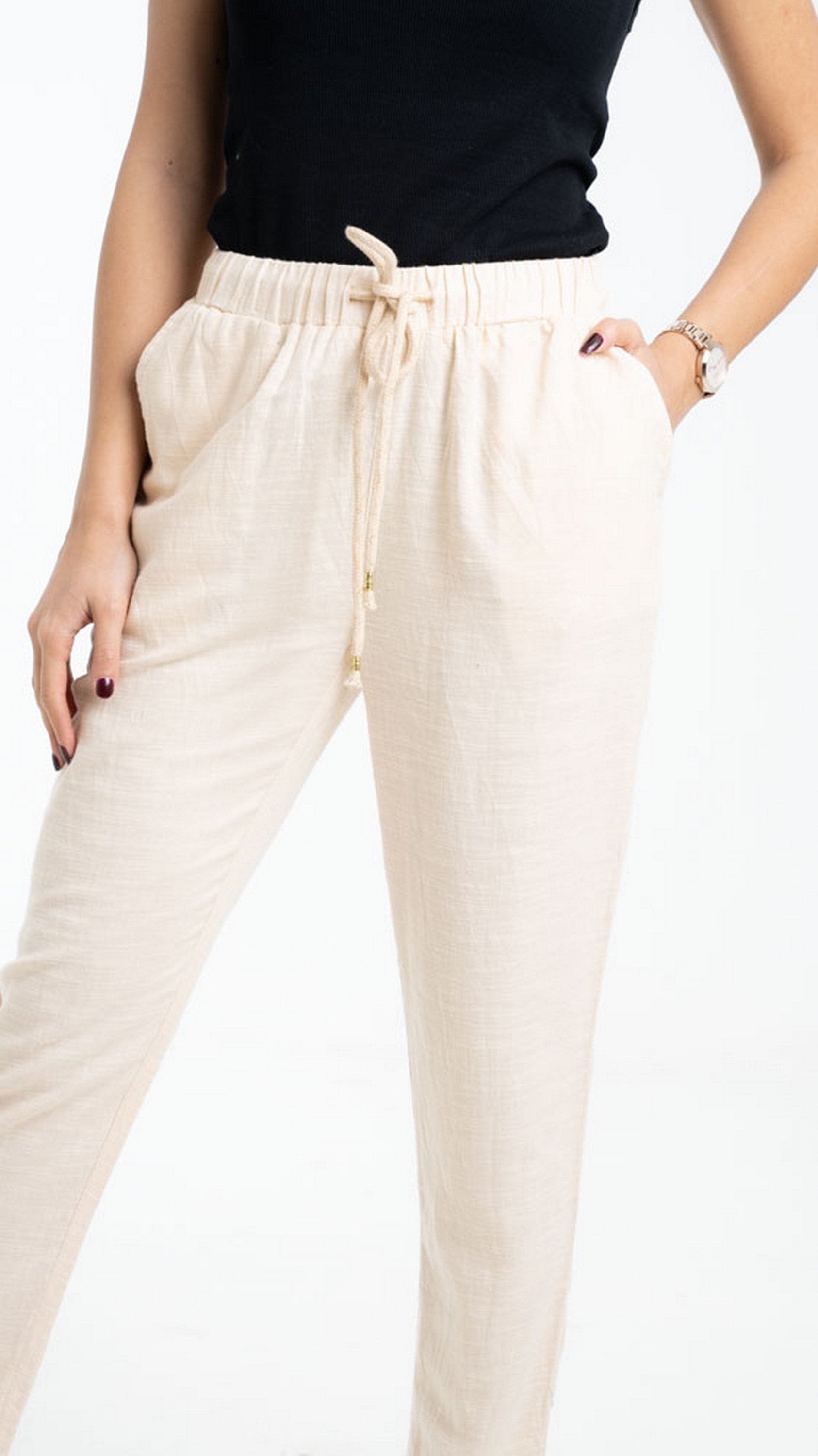 داليدرس بنطلون قماش سادة طويل برباط علي الخصر بيج غامق