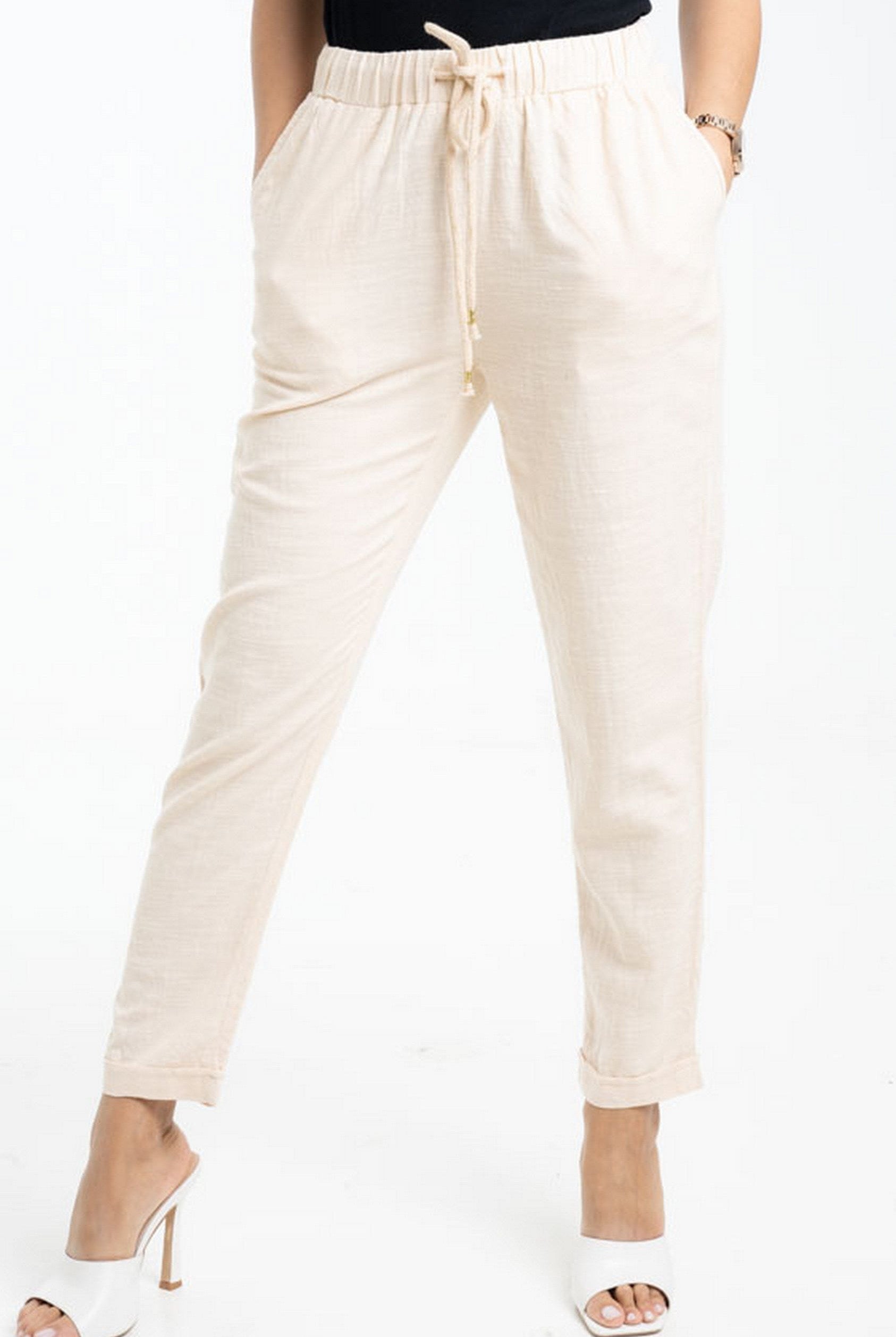 داليدرس بنطلون قماش سادة طويل برباط علي الخصر بيج غامق