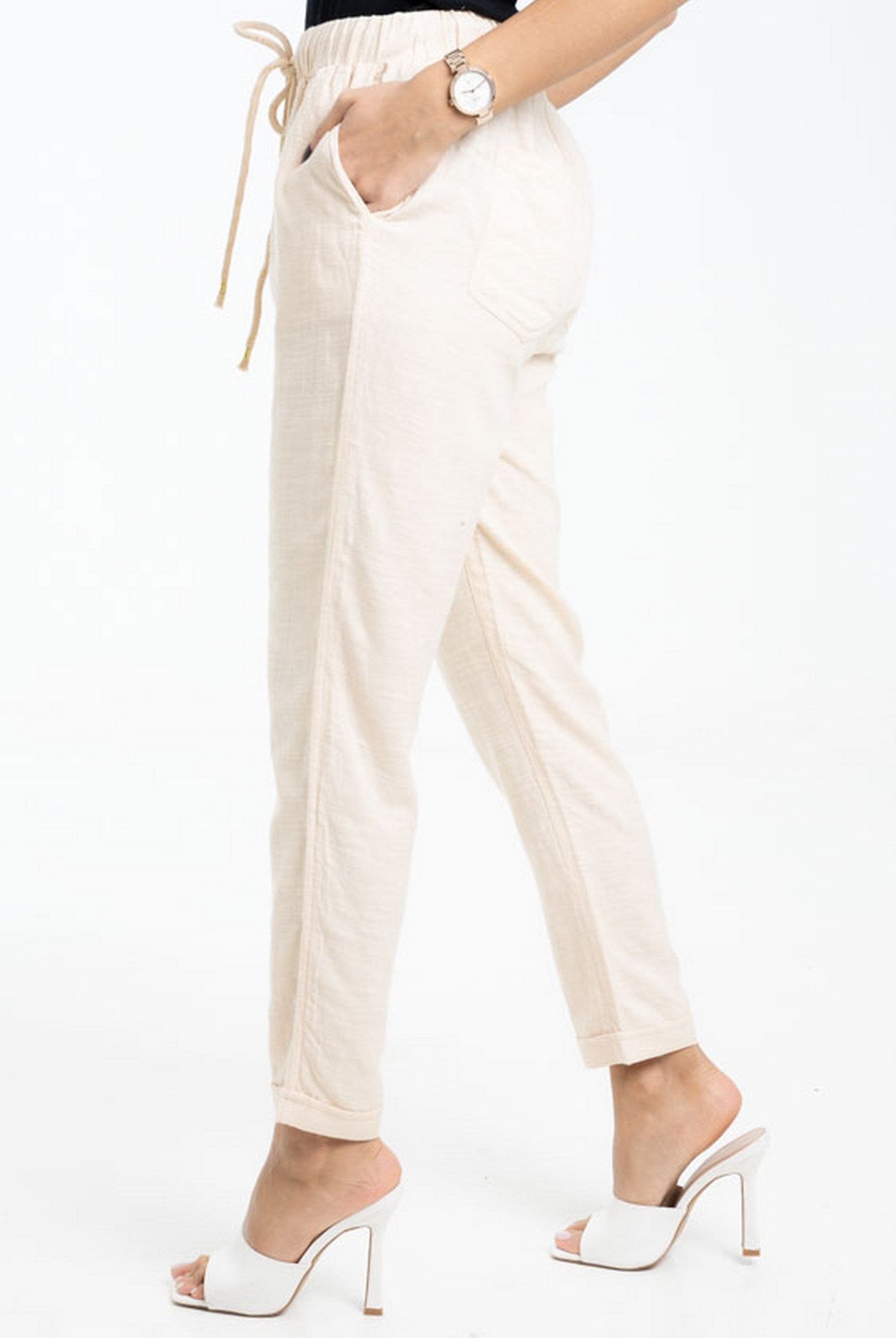 داليدرس بنطلون قماش سادة طويل برباط علي الخصر بيج غامق