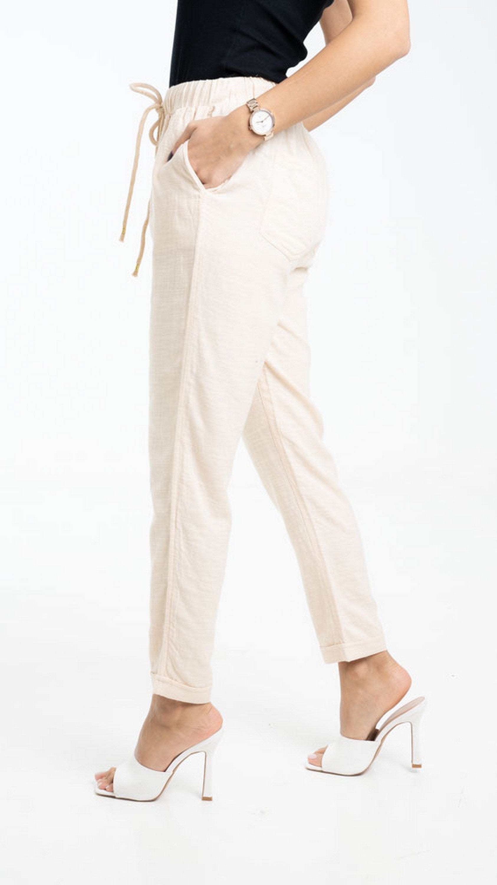 داليدرس بنطلون قماش سادة طويل برباط علي الخصر بيج غامق