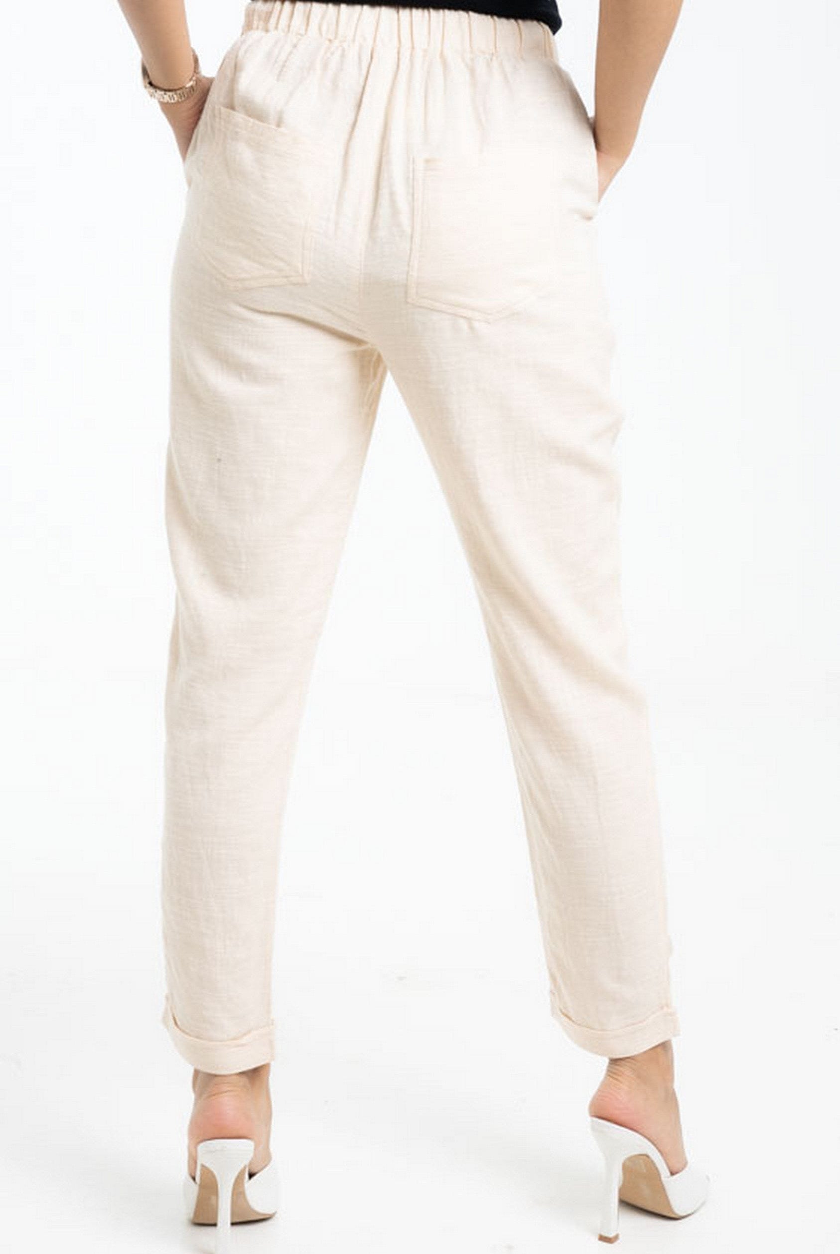 داليدرس بنطلون قماش سادة طويل برباط علي الخصر بيج غامق