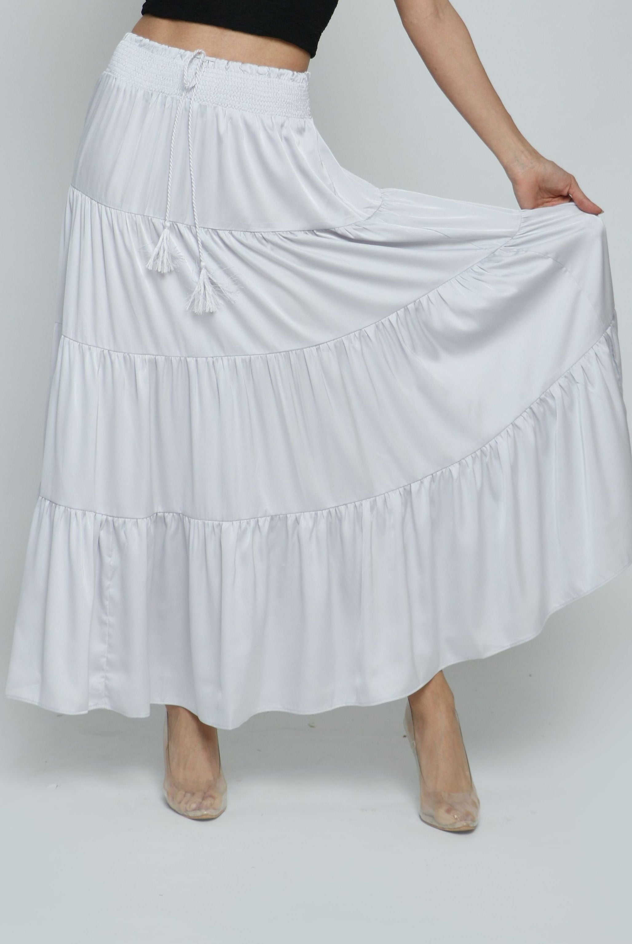 كيتشن تنورة هاي ويست طويلة برباط كلوش نفاش نسائية