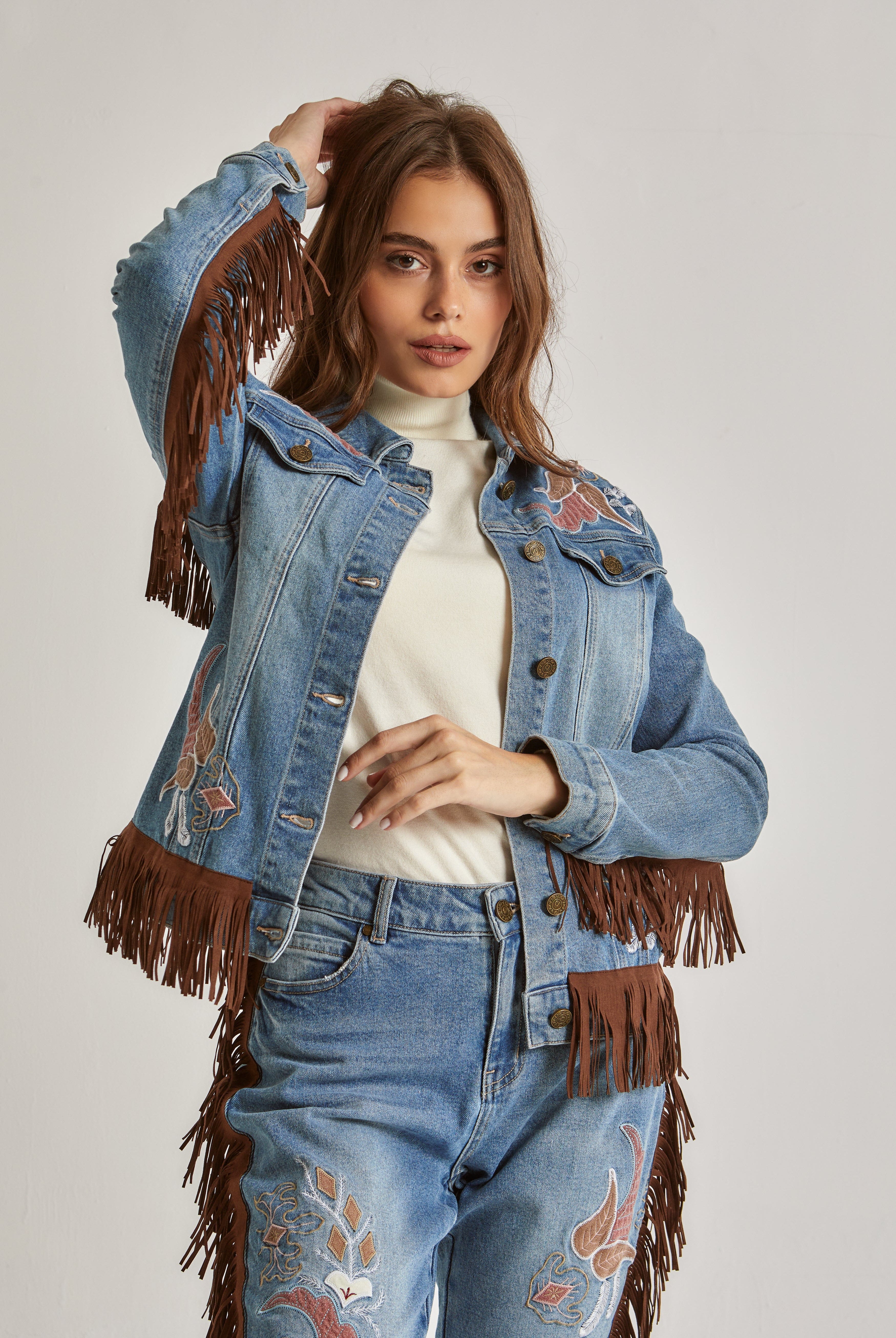 داليدرس جاكيت جينز بأزرار أمامية مزنية بخطوط نسائي أزرق نيلي