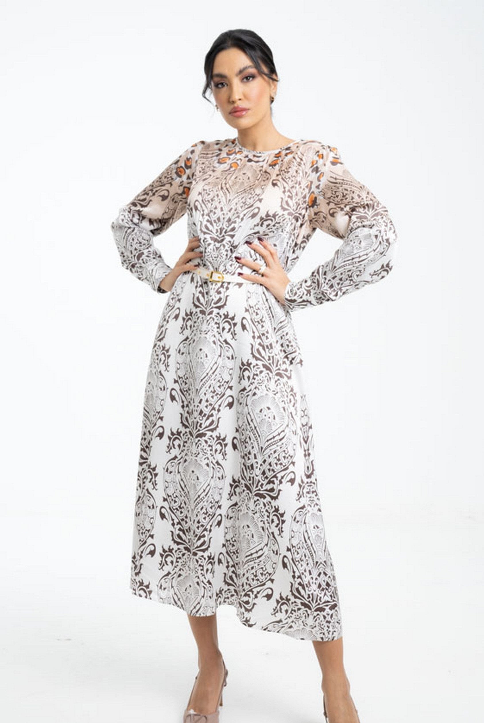 داليدرس فستان منقوش برباط على الخصر كم طويل نسائي متعدد الألوان