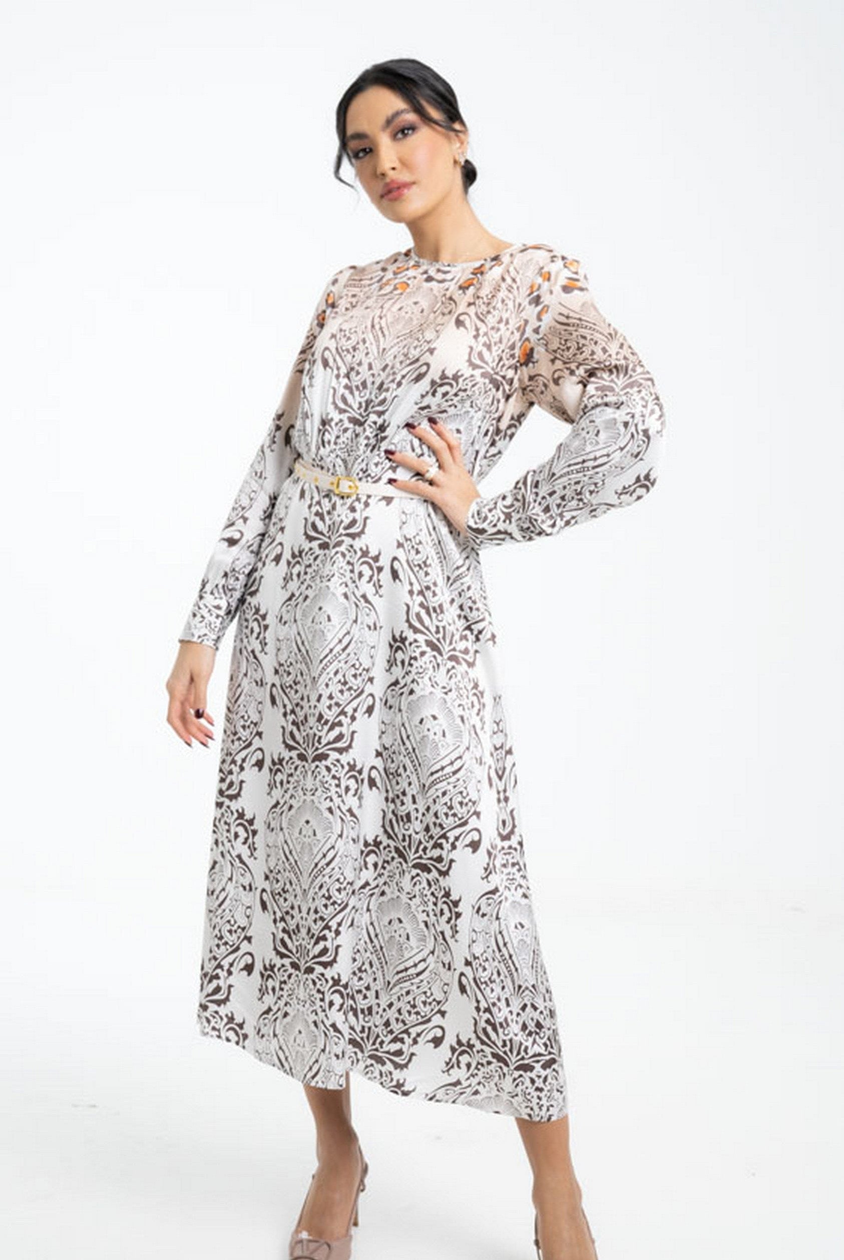 داليدرس فستان منقوش برباط على الخصر كم طويل نسائي متعدد الألوان