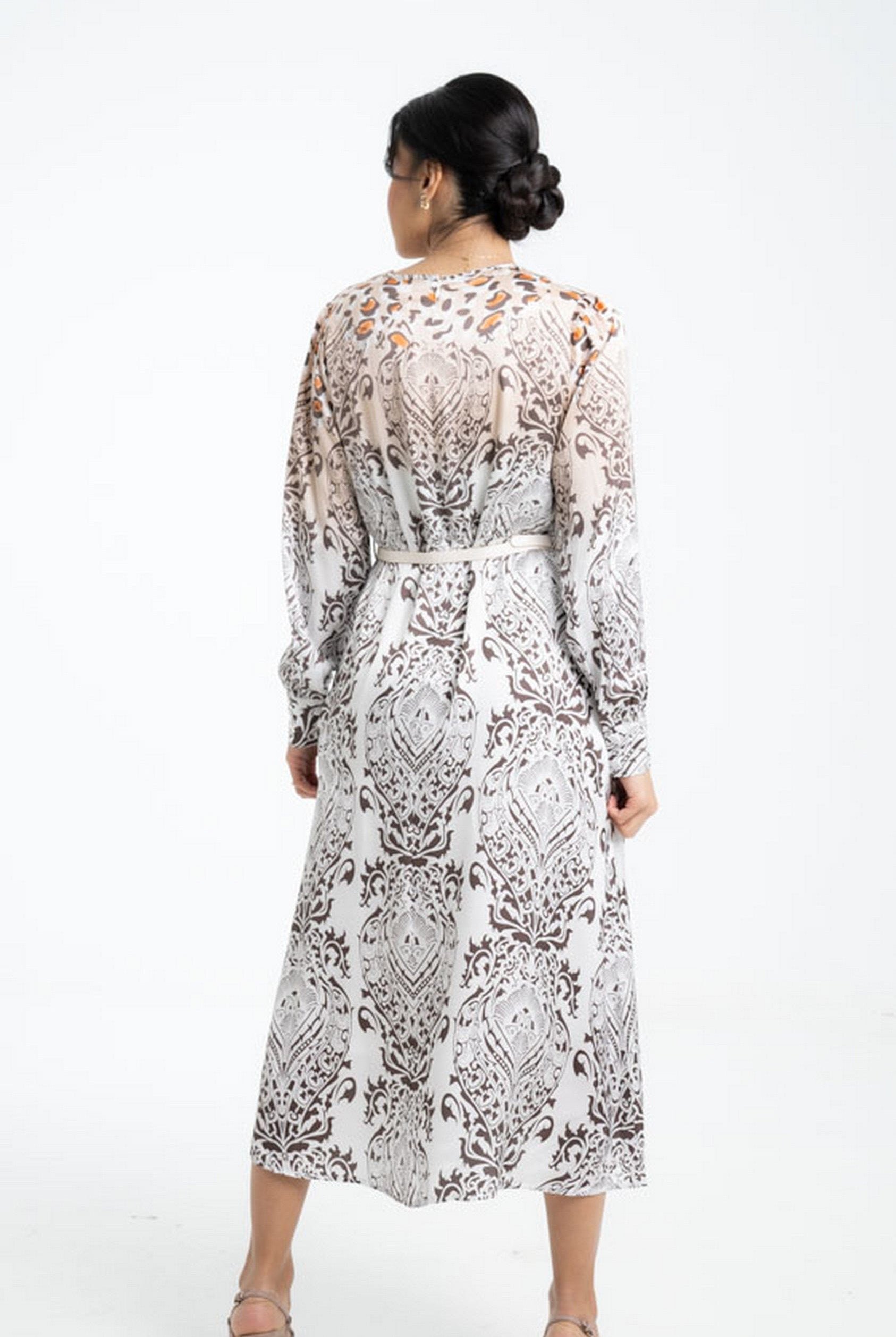 داليدرس فستان منقوش برباط على الخصر كم طويل نسائي متعدد الألوان