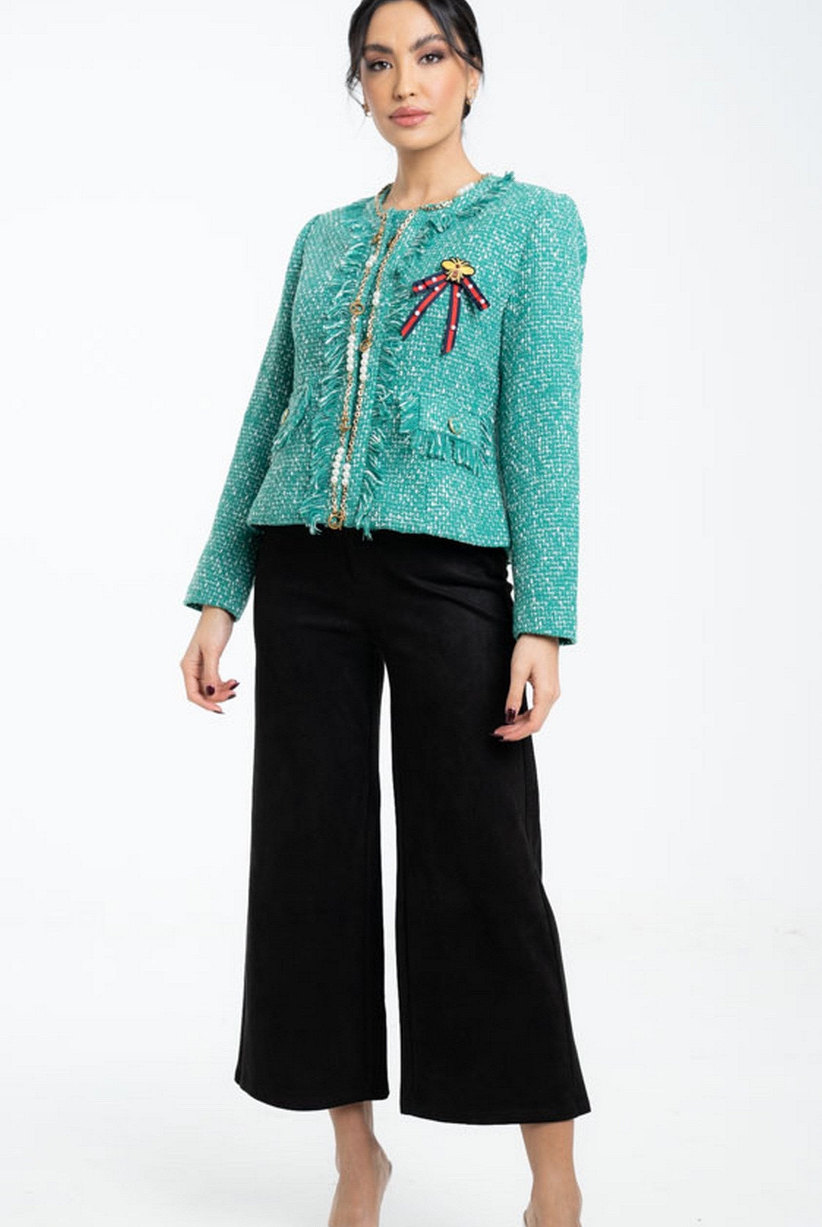 داليدرس سترة قصيرة مزينة بالخيط كم طويل نسائي أخضر