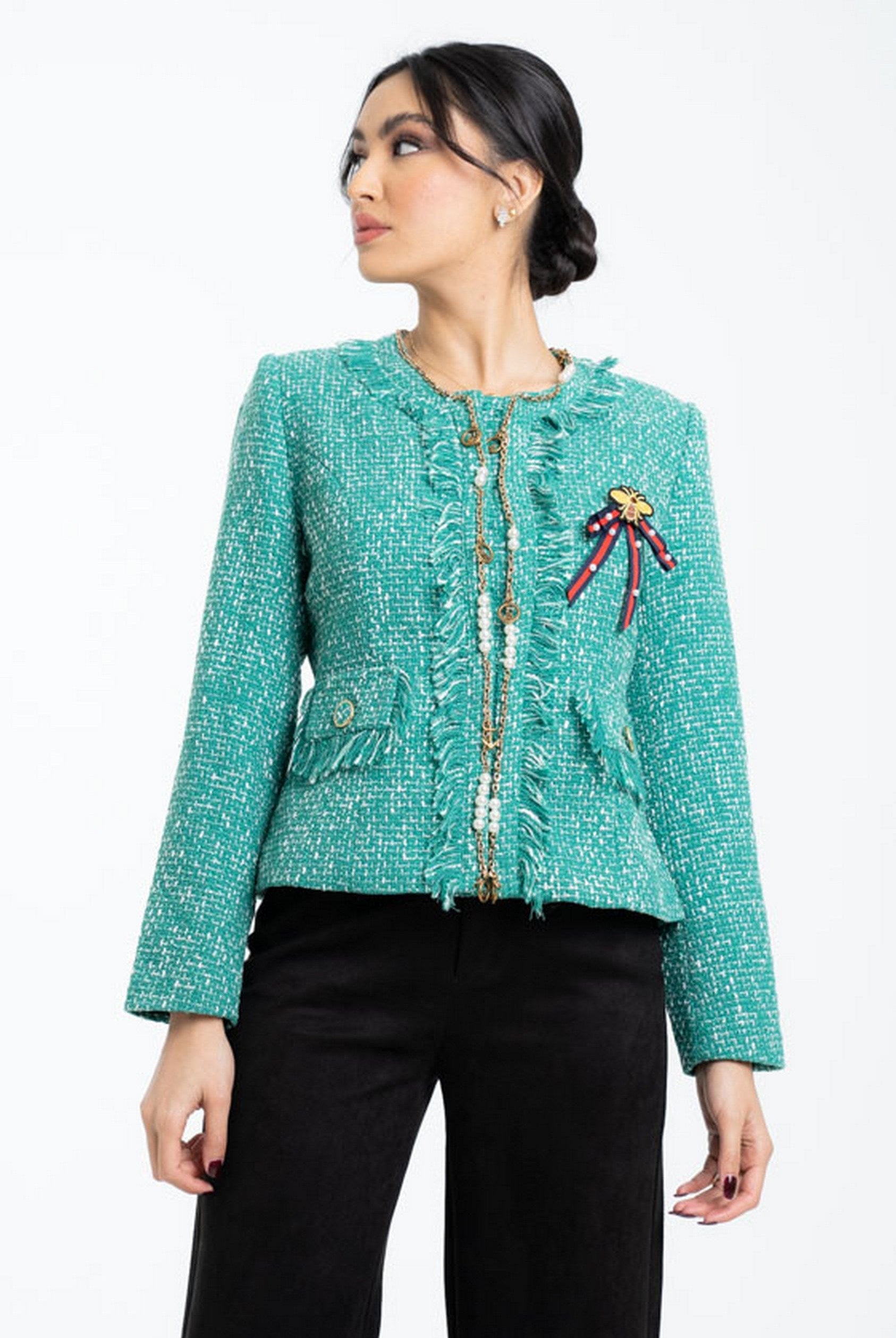 داليدرس سترة قصيرة مزينة بالخيط كم طويل نسائي أخضر