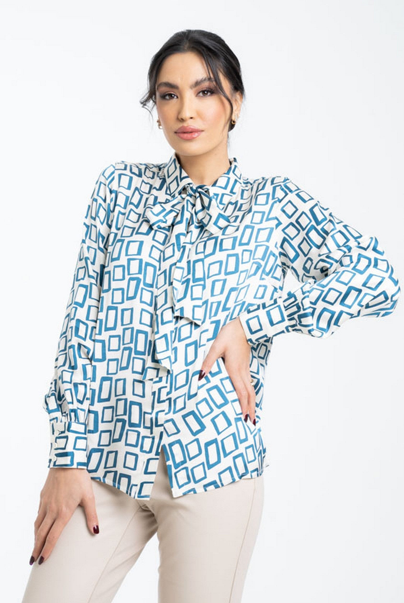 داليدرس بلوزة مربعات بأزرار أمامية وياقة طويلة نسائي