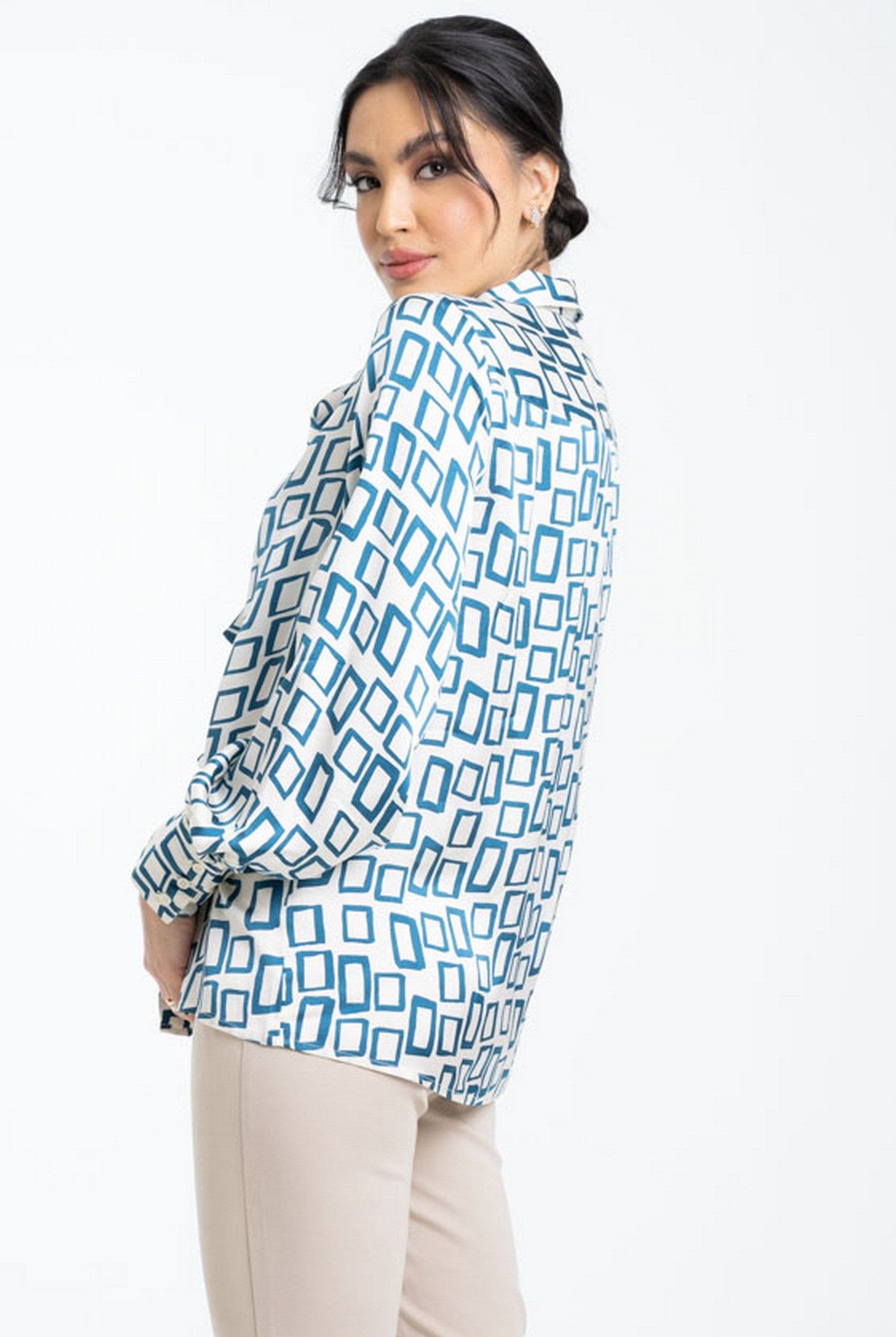 داليدرس بلوزة مربعات بأزرار أمامية وياقة طويلة نسائي