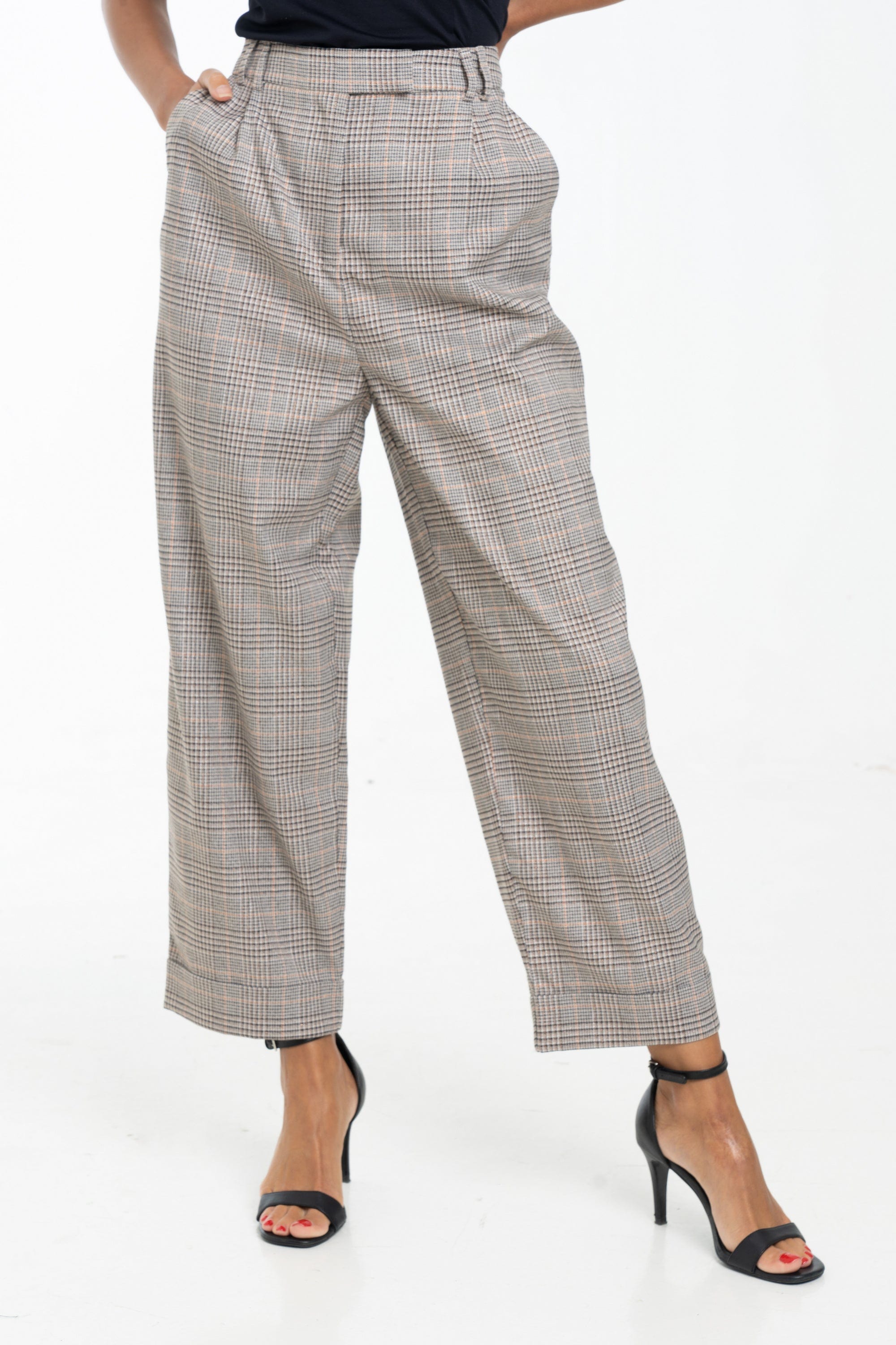 داليدرس بنطلون كاروهات خصر مرتفع واسع نسائي بني ذهبي