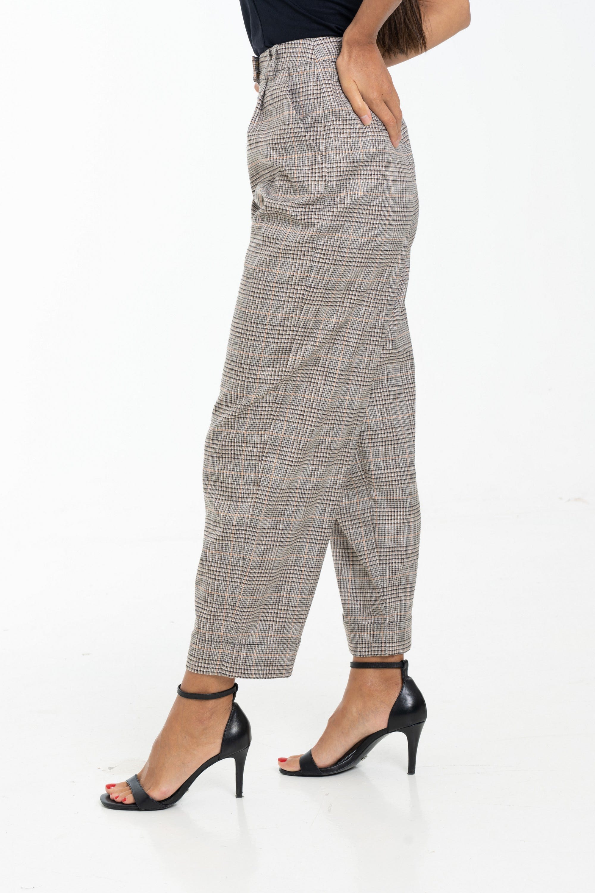 داليدرس بنطلون كاروهات خصر مرتفع واسع نسائي بني ذهبي