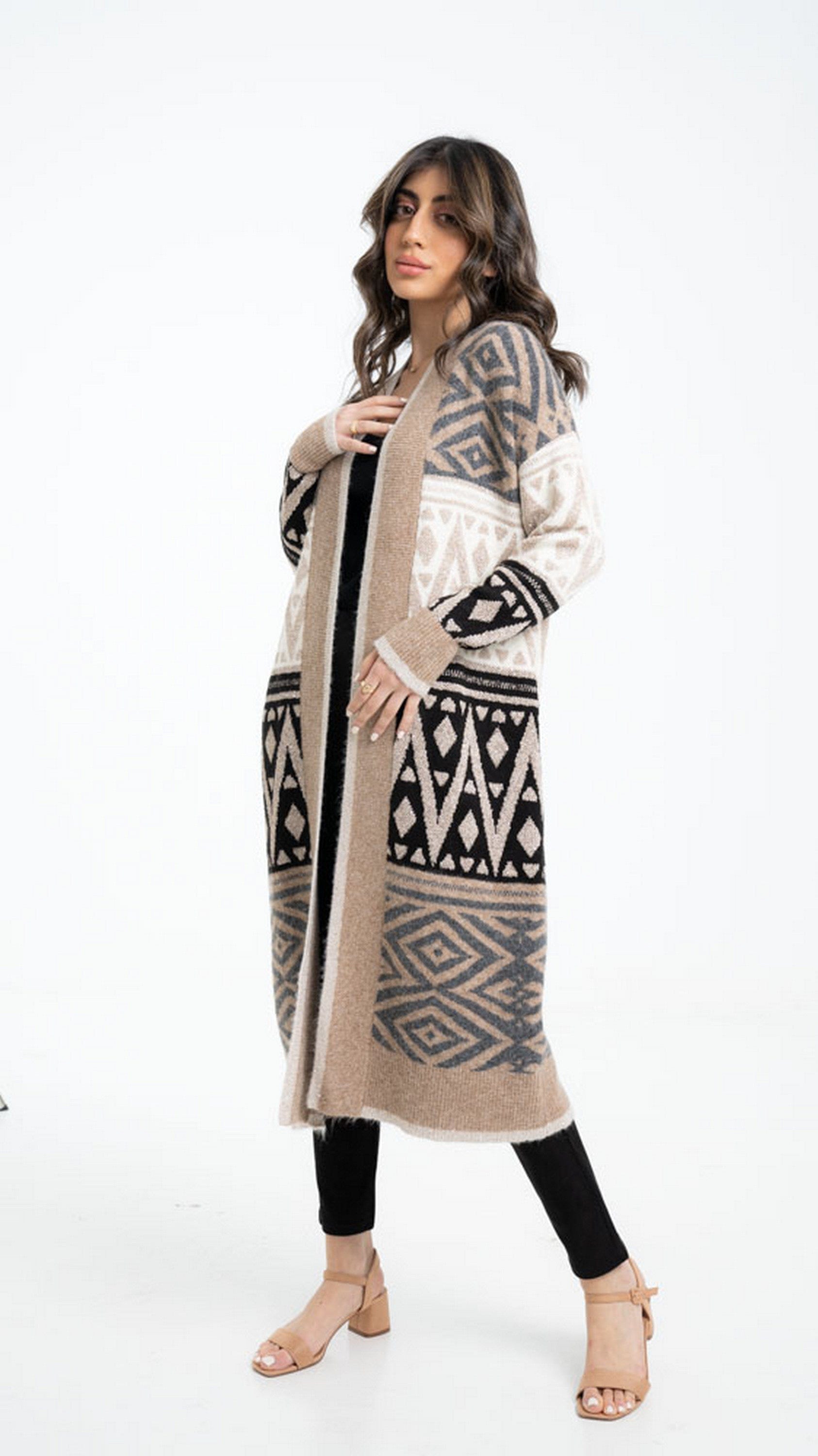 داليدرس كارديجان نسائي طويل منقوش بكم طويل نسائي