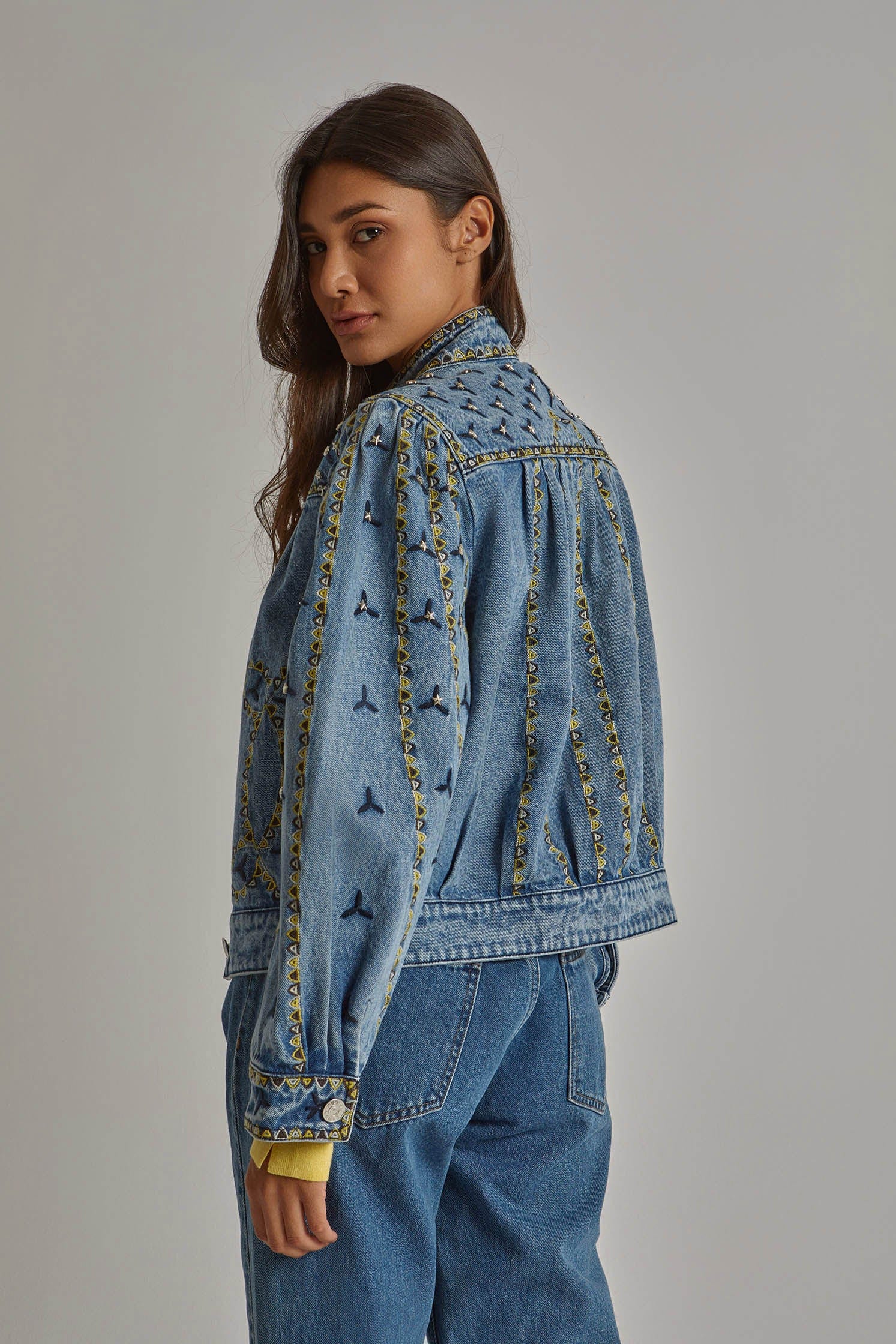 داليدرس جاكيت جينز مطرز كم طويل نسائي أزرق غامق