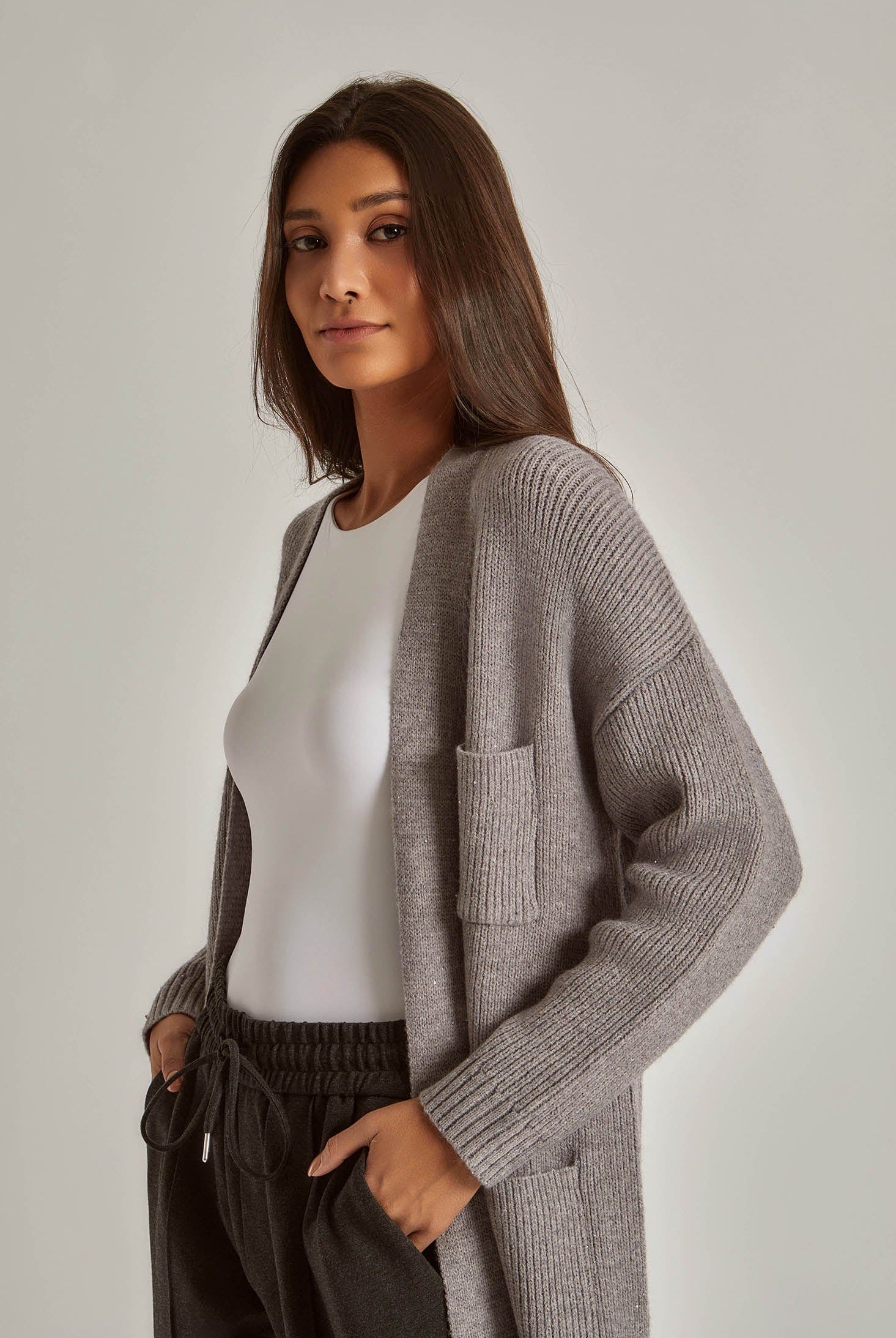 داليدرس كارديجان نسائي طويلة مضلعة بجيوب كم طويل نسائي