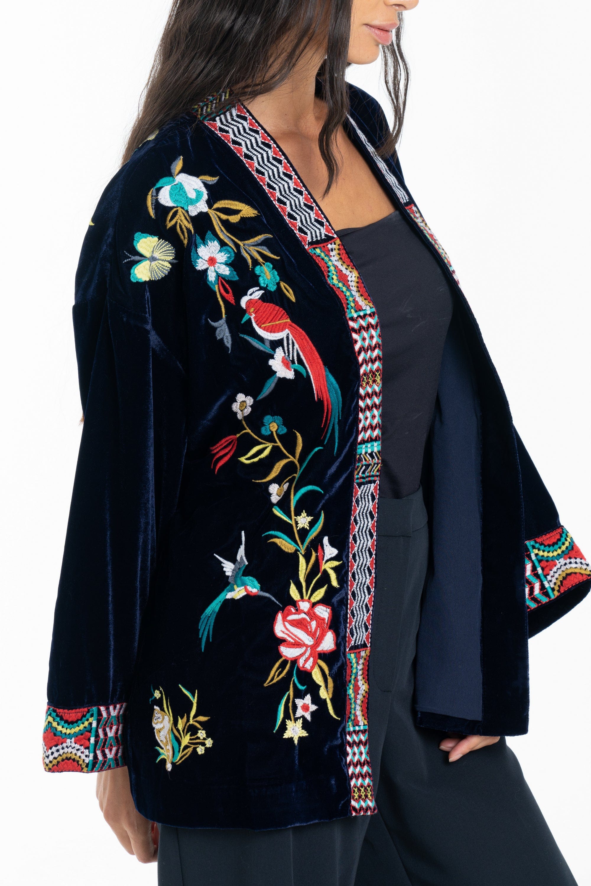 داليدرس كيمونو مفتوح مطرز بالخيوط كم طويل واسع نسائي أسود سحلبي