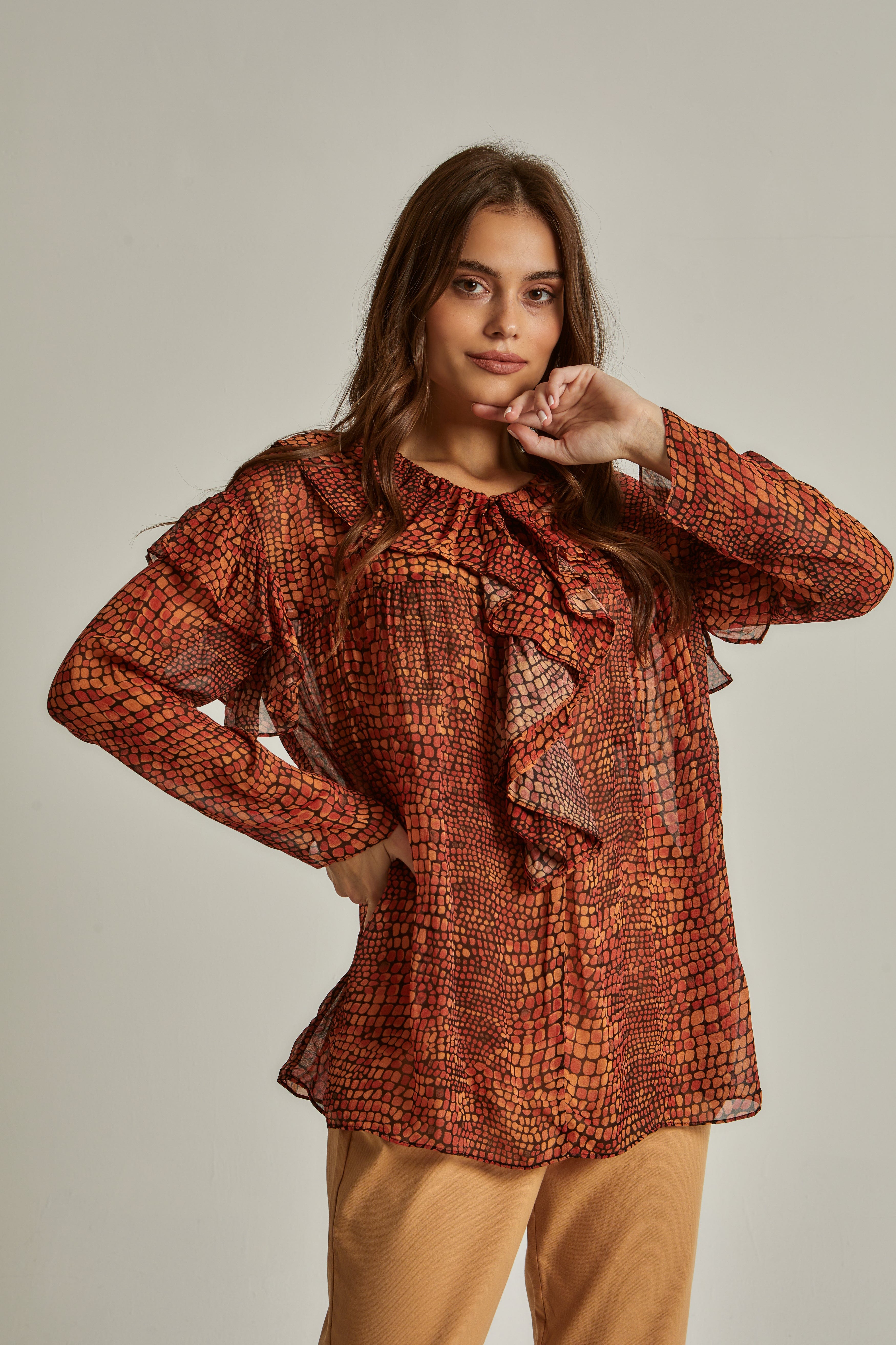 داليدرس بلوزة نسائية منقوشة بنقشة ثعبان برتقالي قاتم