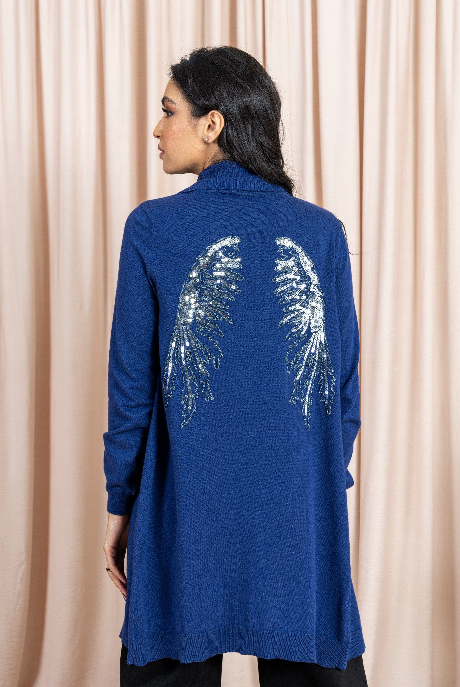 داليدرس كارديجان كم طويل سادة مع تطريز من الخلف نسائي أزرق داكن