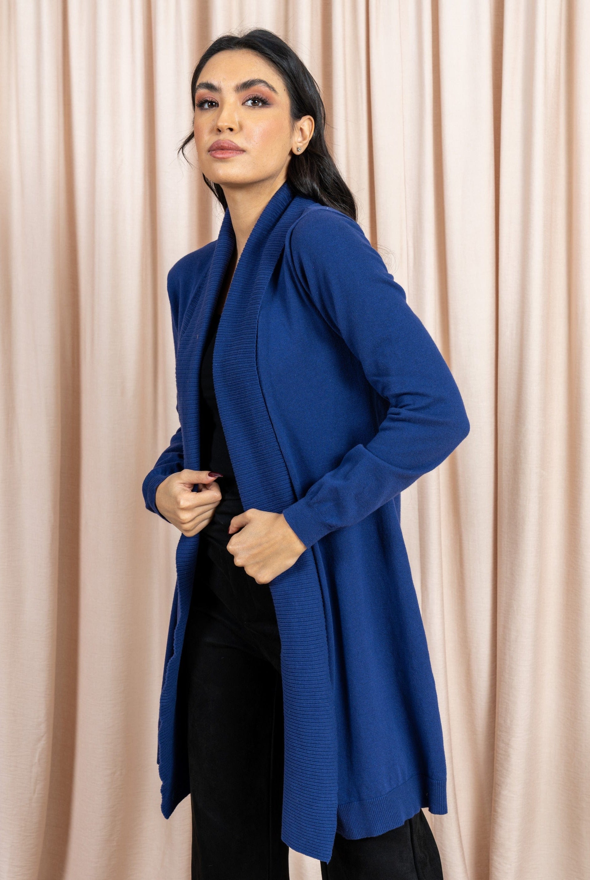 داليدرس كارديجان كم طويل سادة مع تطريز من الخلف نسائي أزرق داكن