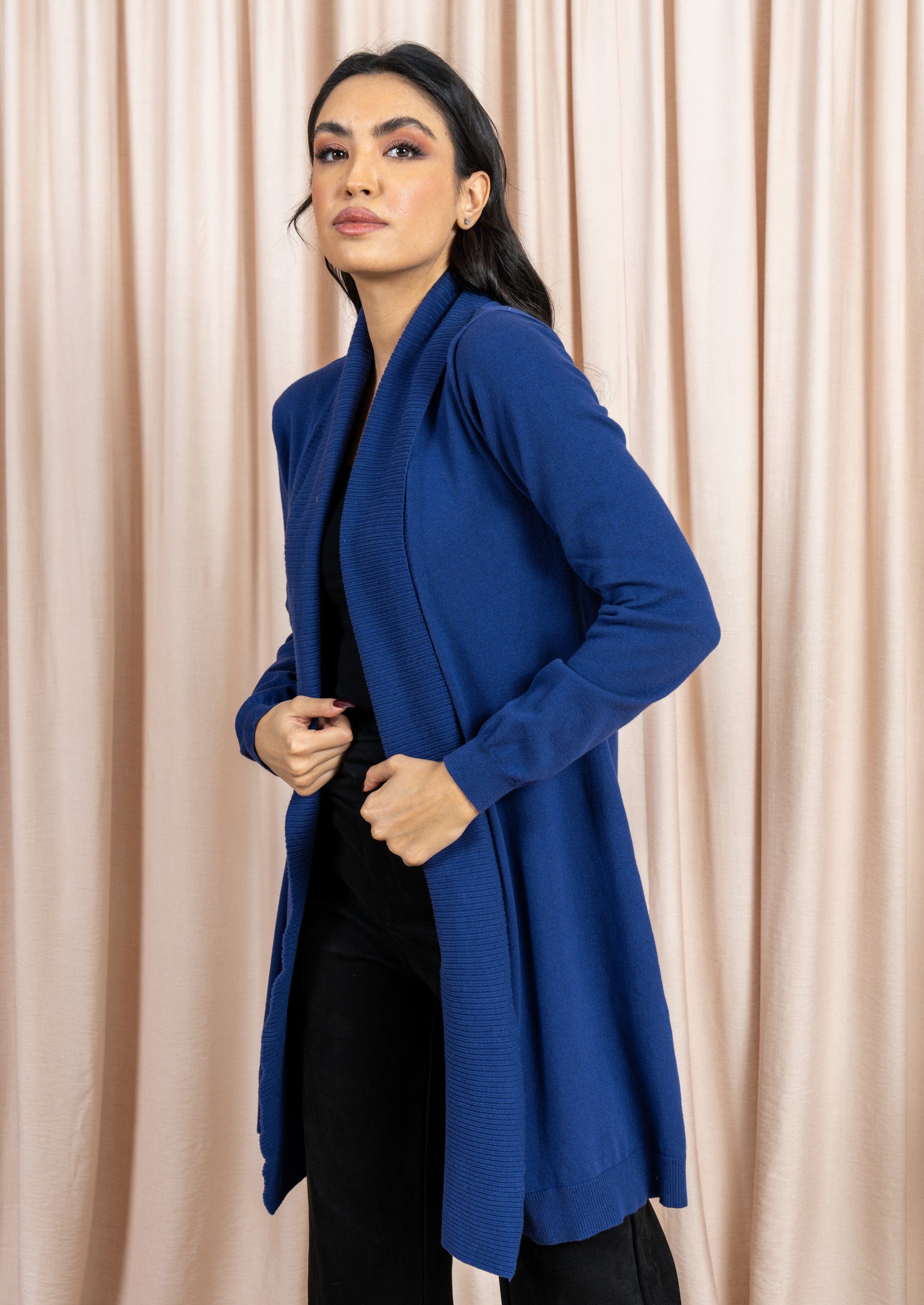 داليدرس كارديجان كم طويل سادة مع تطريز من الخلف نسائي أزرق داكن