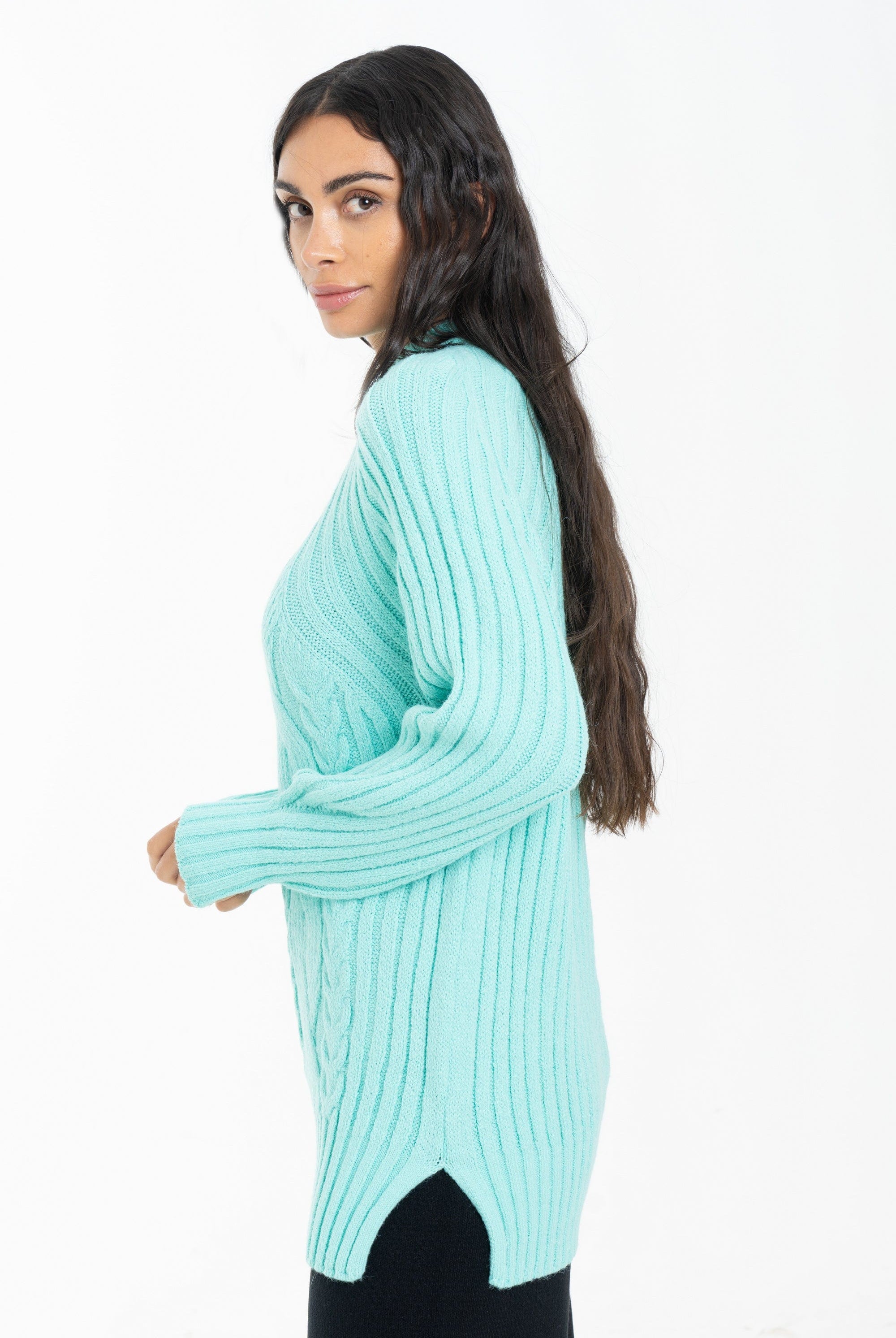 داليدرس بلوزة طويلة مضلعة كم طويل نسائي تركواز