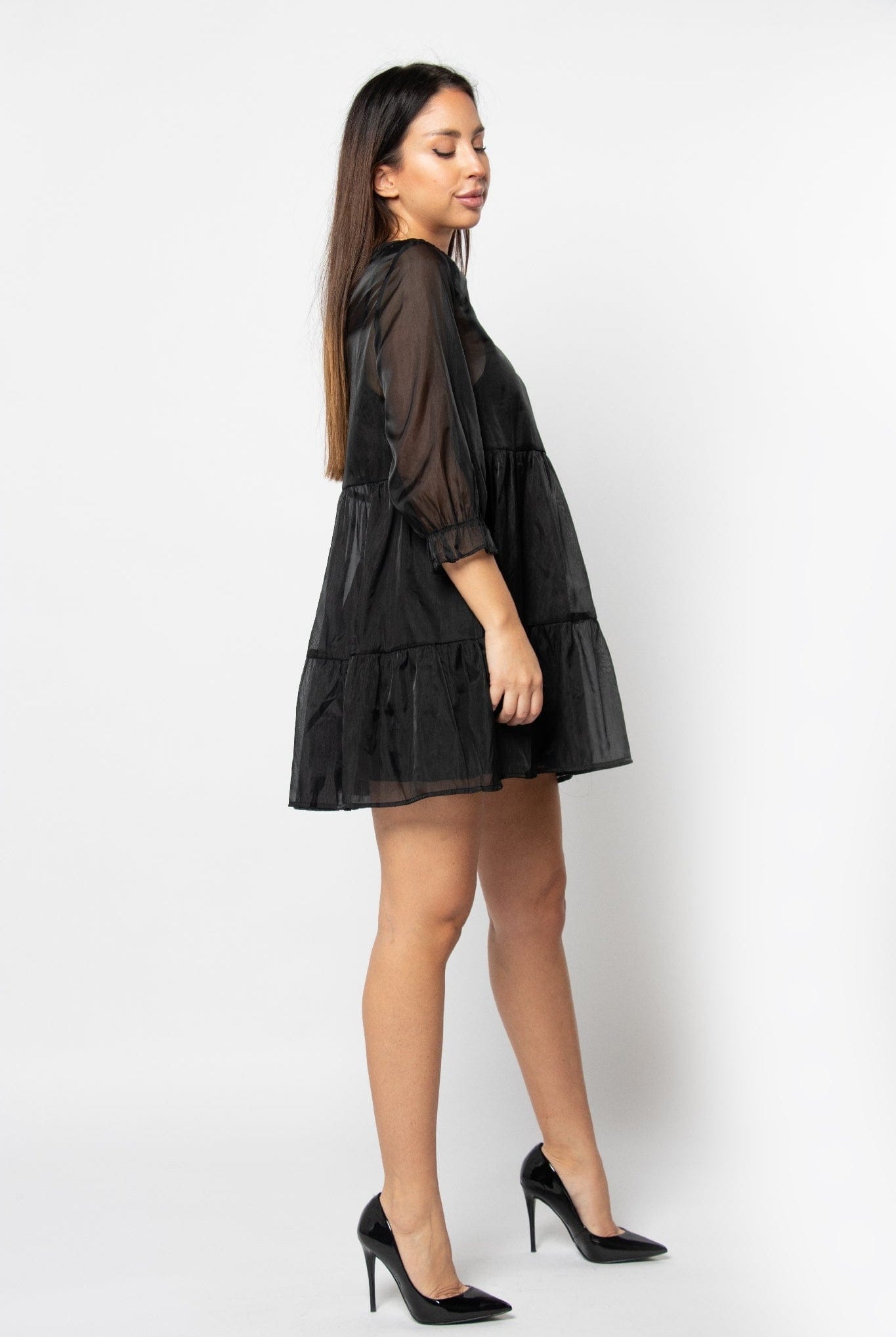 كيتشن فستان قصير كم طويل بف واسع أسود