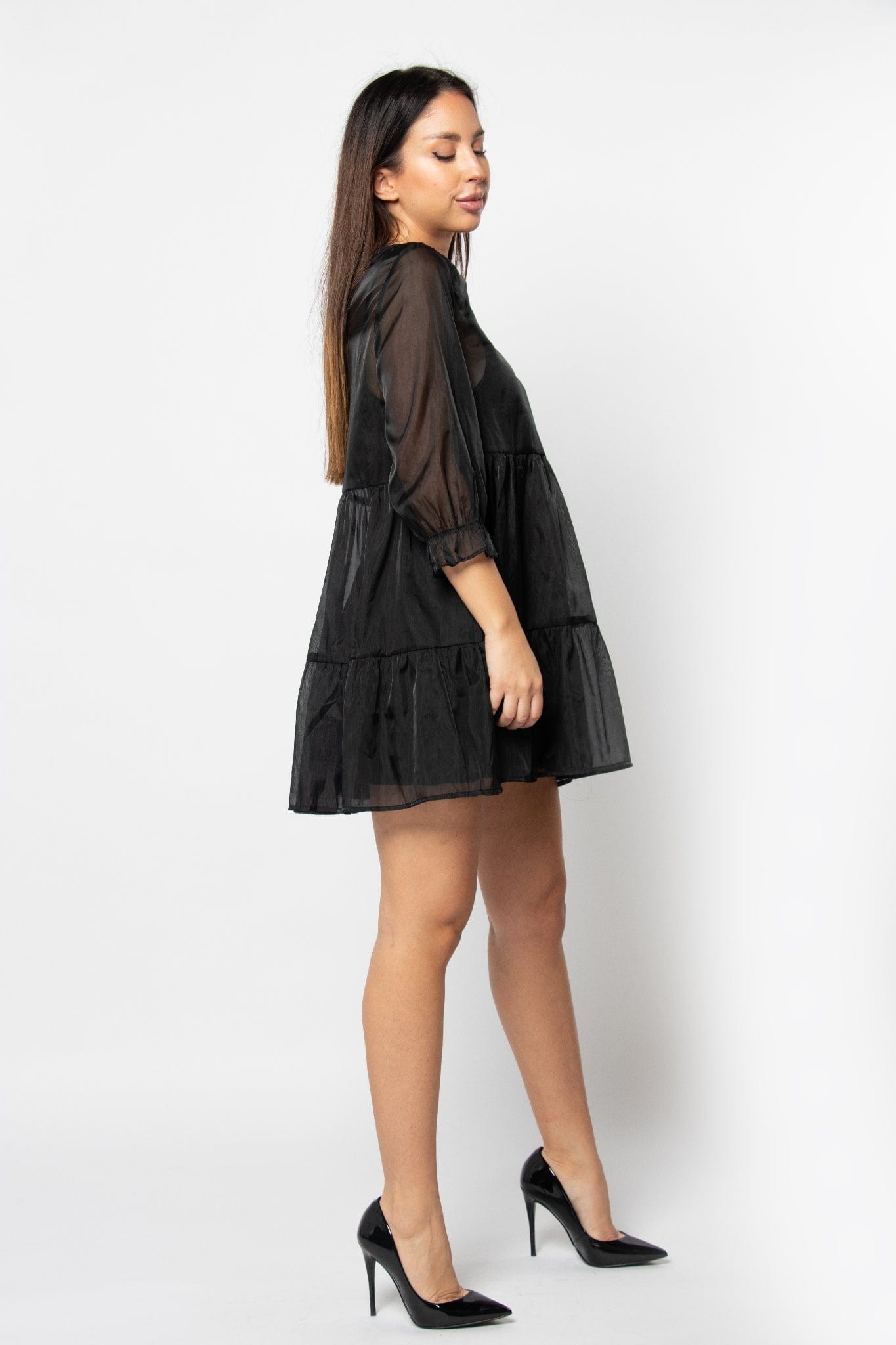 كيتشن فستان قصير كم طويل بف واسع أسود