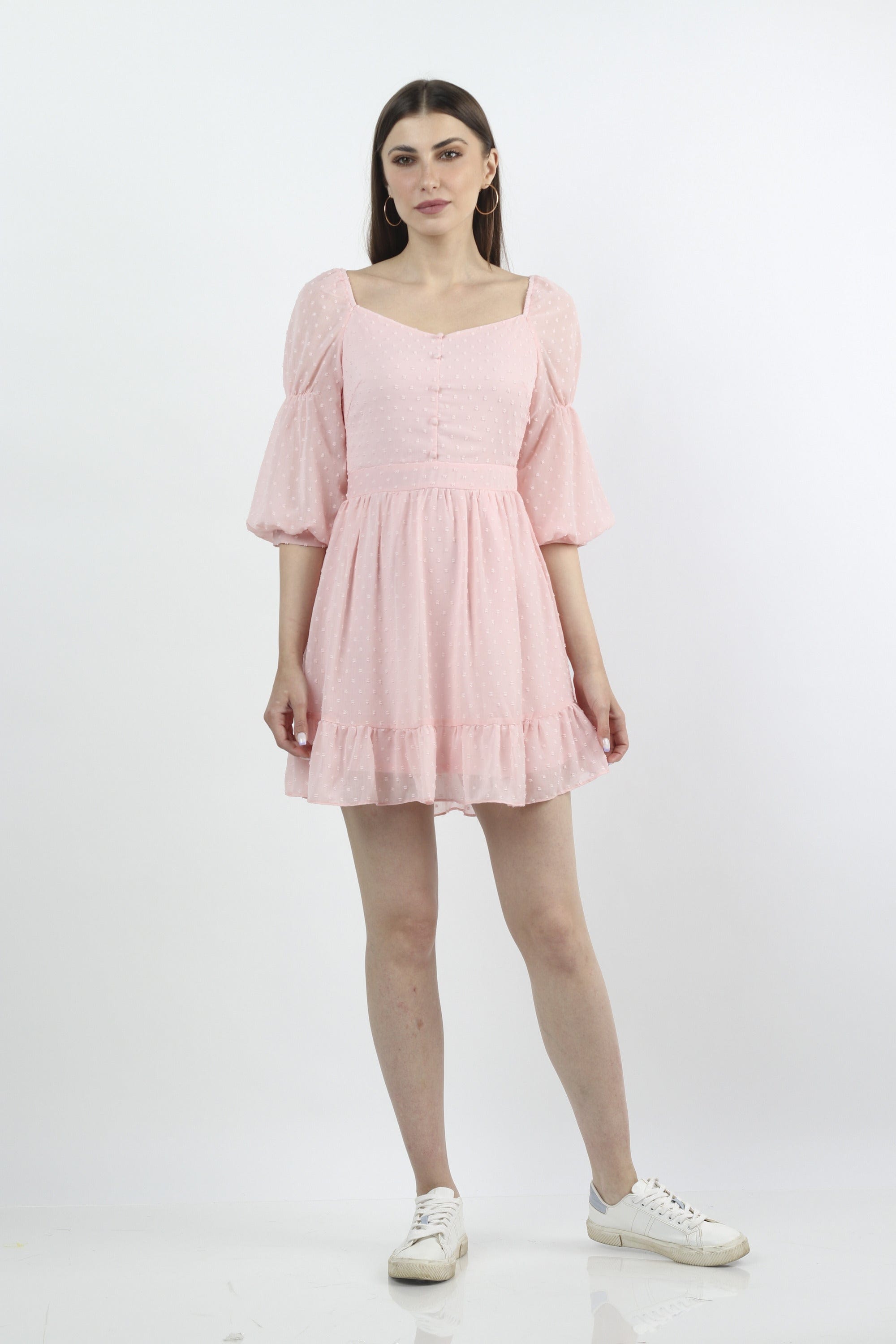 كيتشن فستان قصير نسائي سادة مزين بأزرار على الصدر