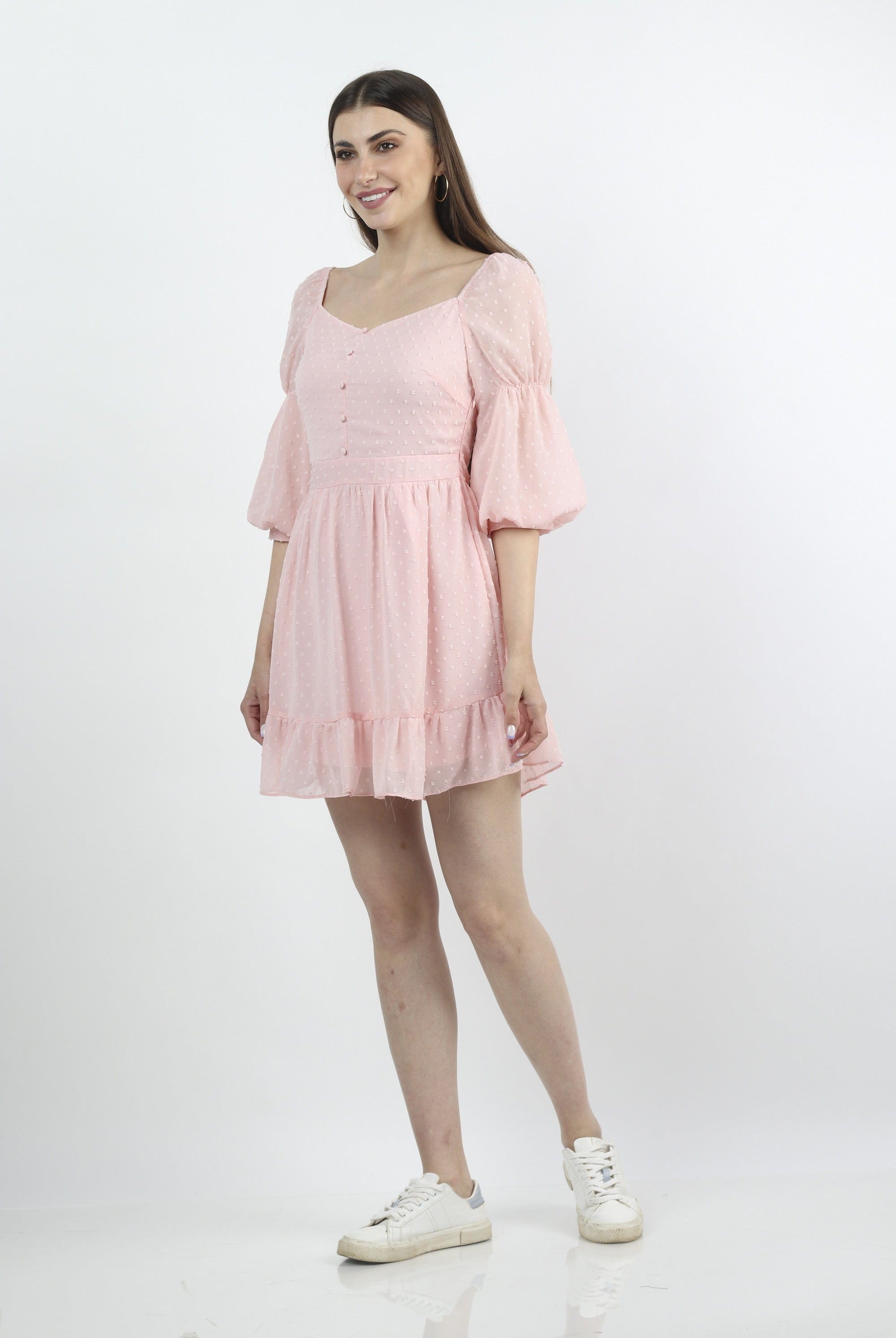 كيتشن فستان قصير نسائي سادة مزين بأزرار على الصدر