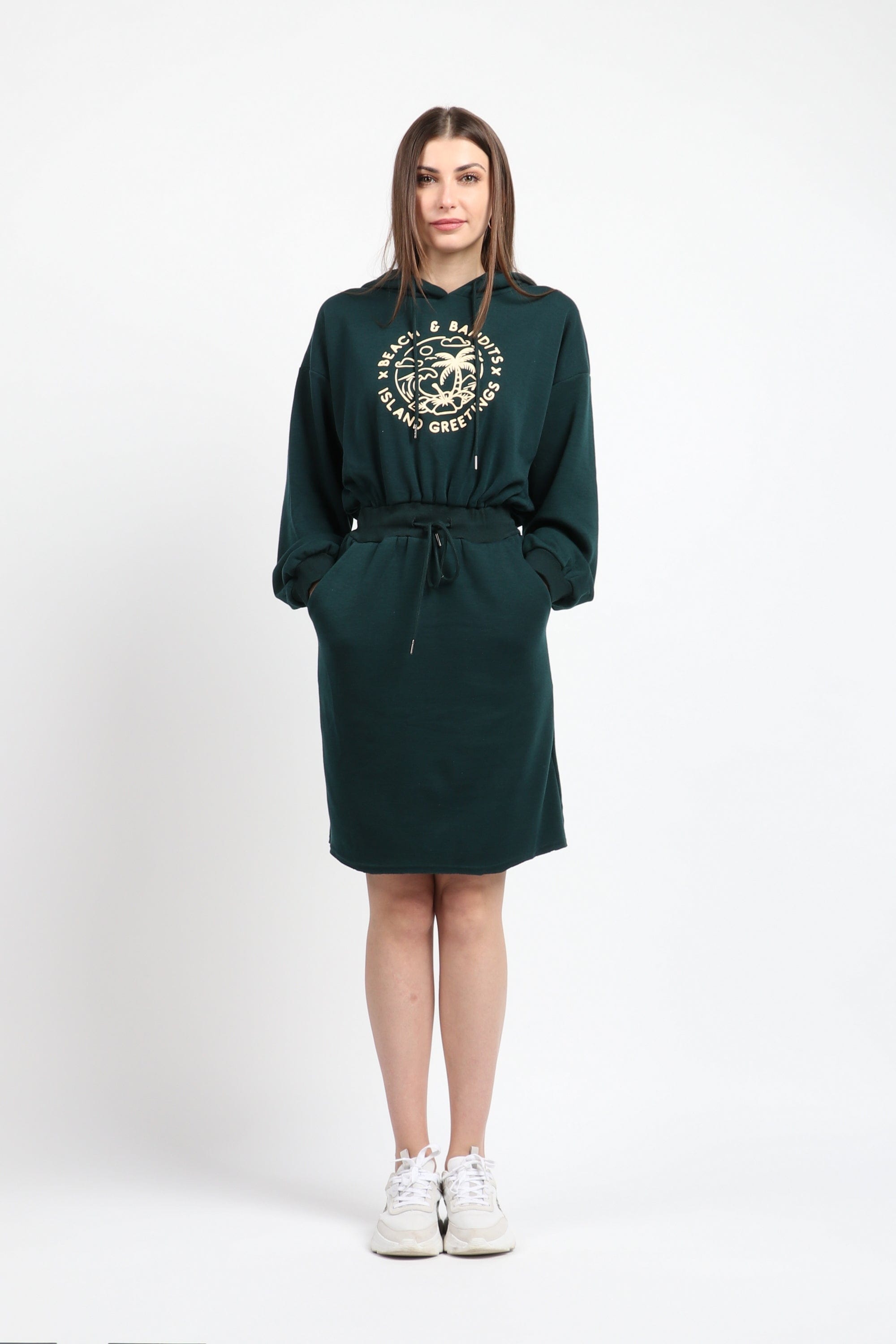 كيتشن فستان ميدي مخصر برباط على الخصر كم طويل بف زمردي