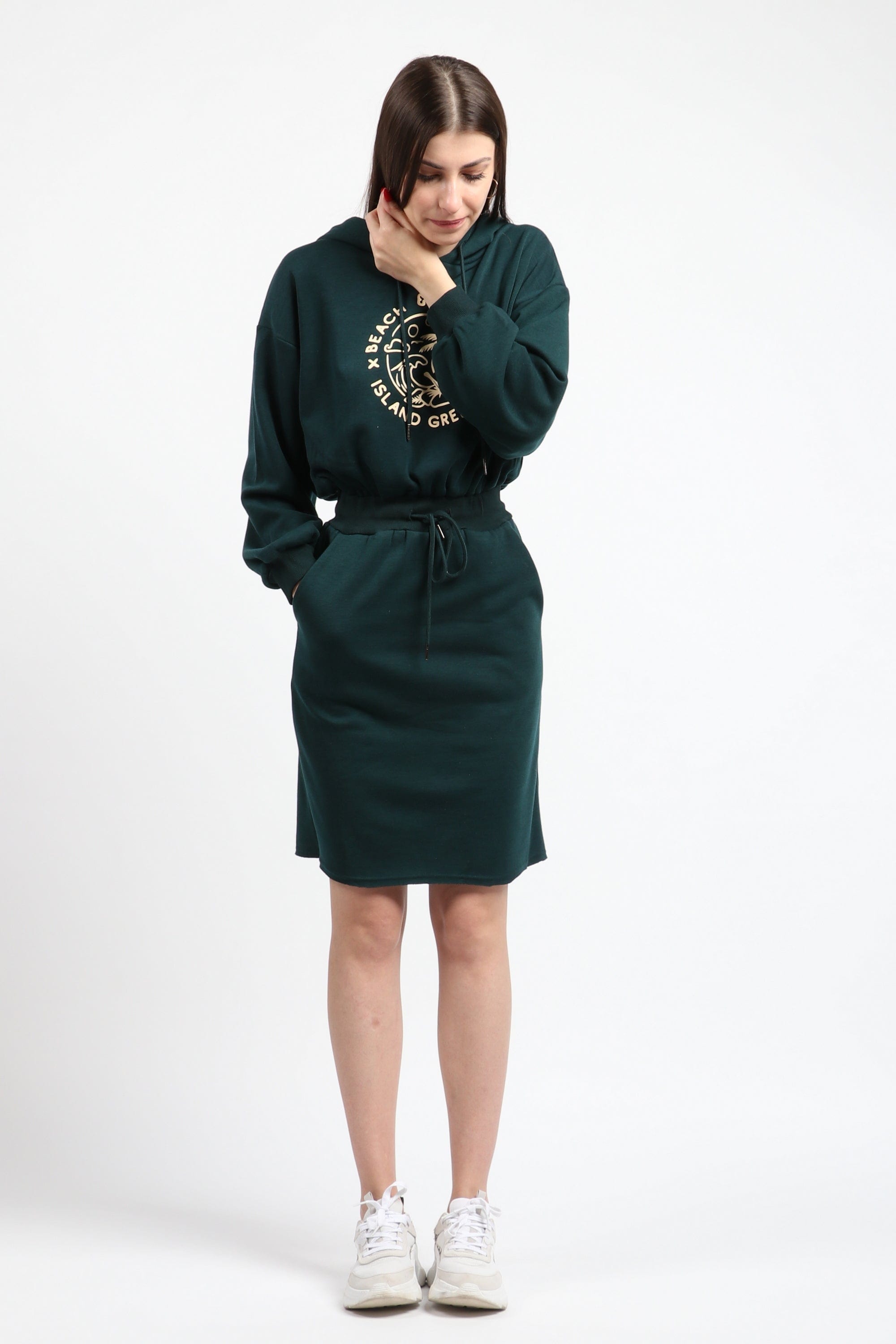 كيتشن فستان ميدي مخصر برباط على الخصر كم طويل بف زمردي