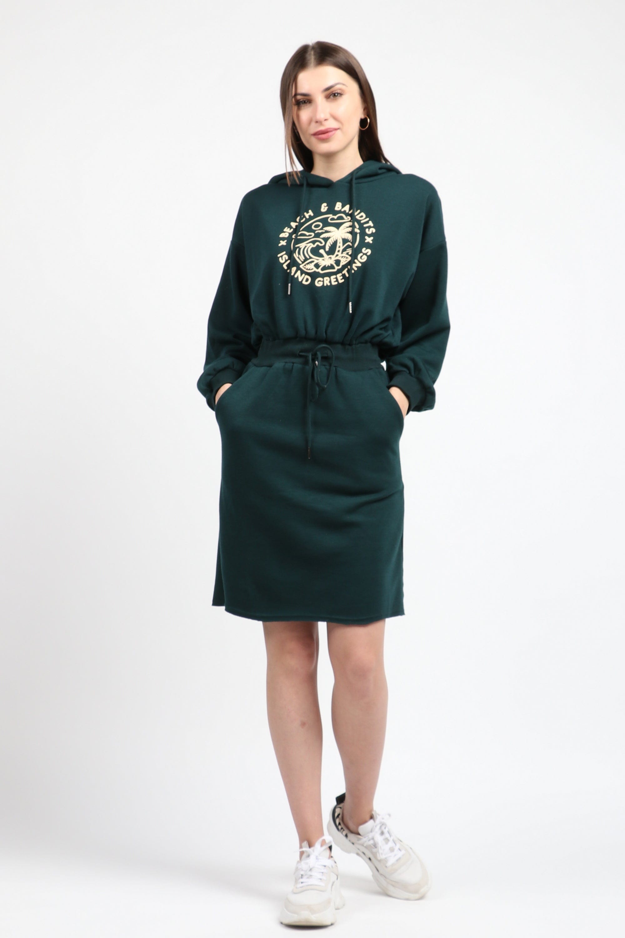 كيتشن فستان ميدي مخصر برباط على الخصر كم طويل بف زمردي