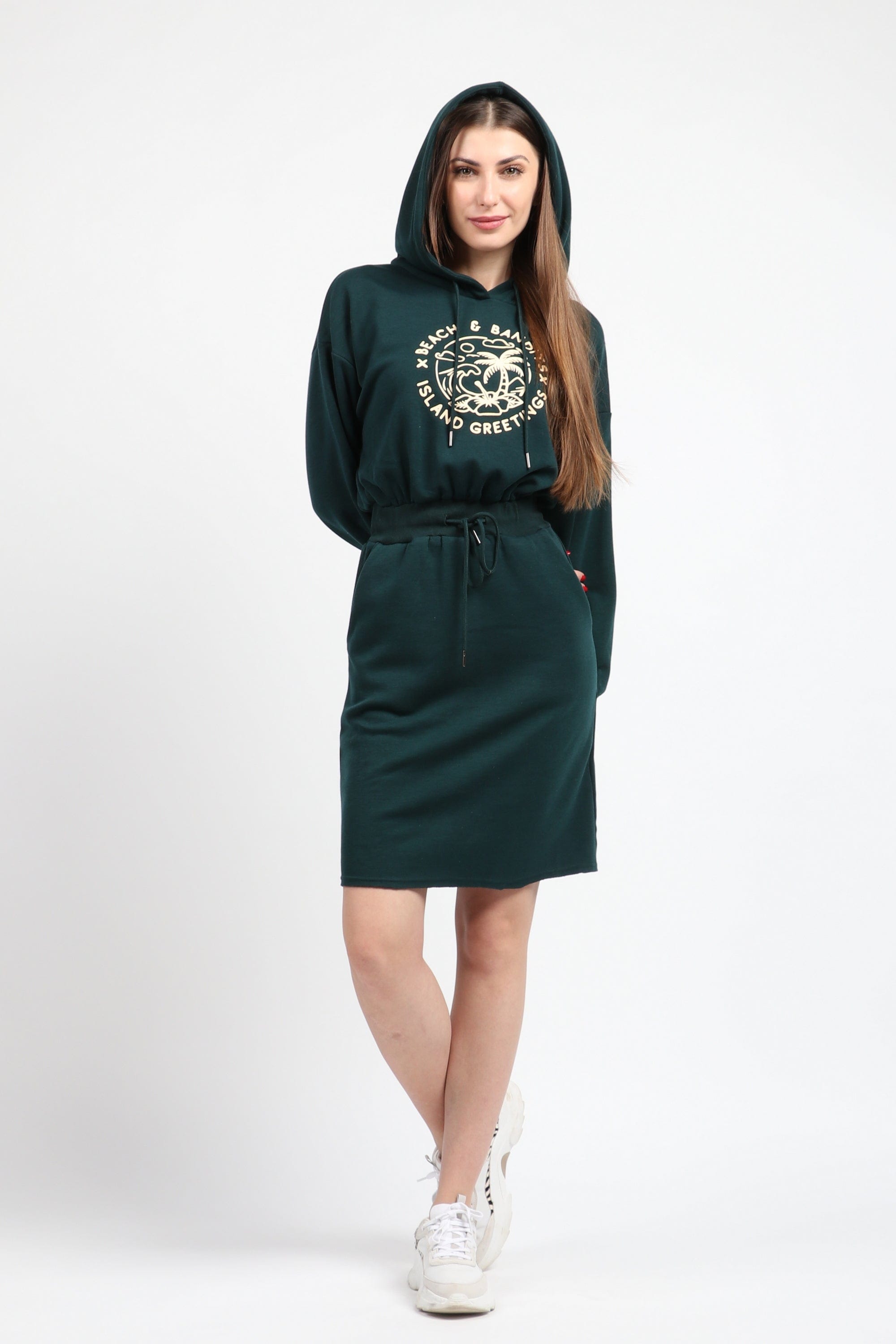 كيتشن فستان ميدي مخصر برباط على الخصر كم طويل بف زمردي