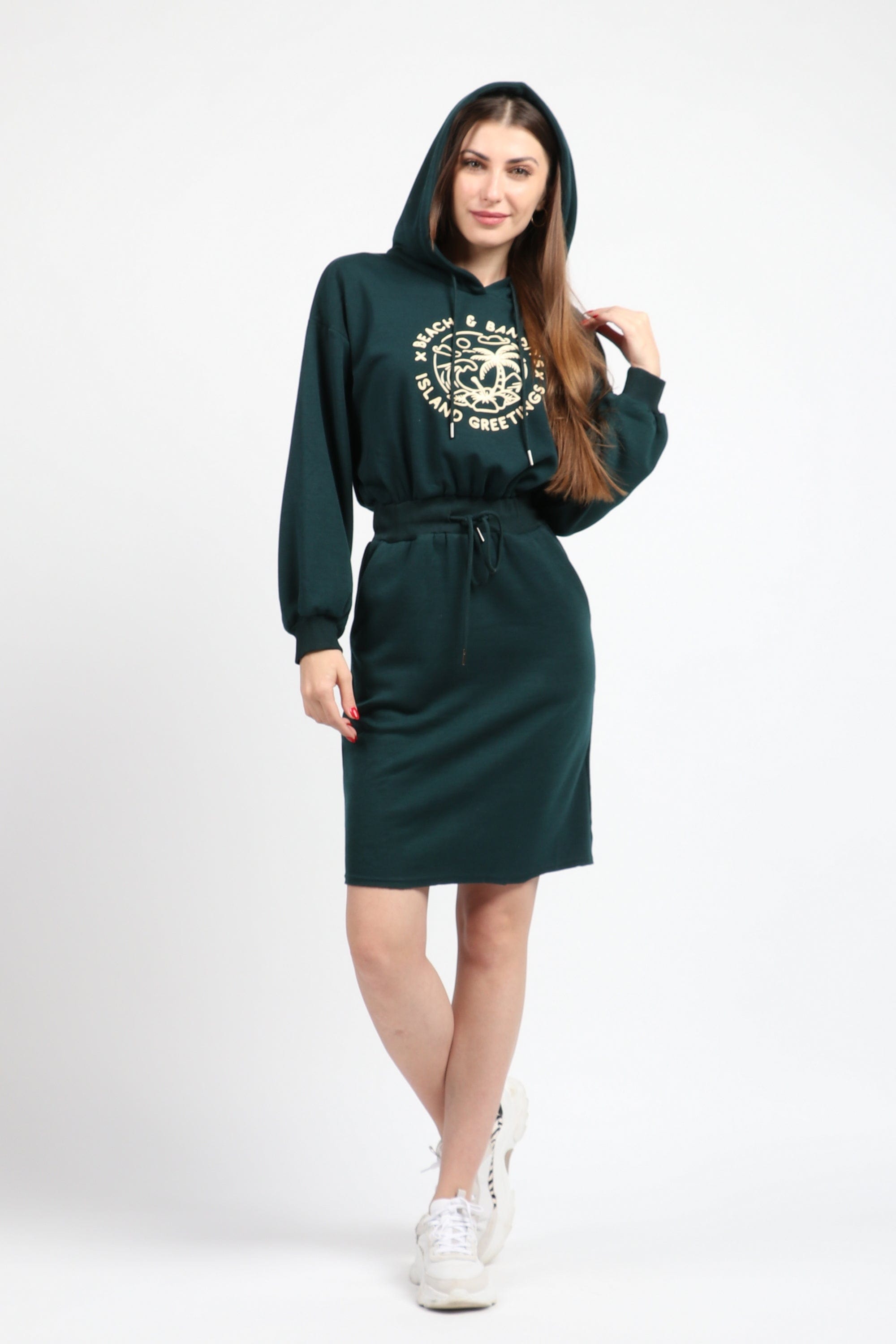 كيتشن فستان ميدي مخصر برباط على الخصر كم طويل بف زمردي