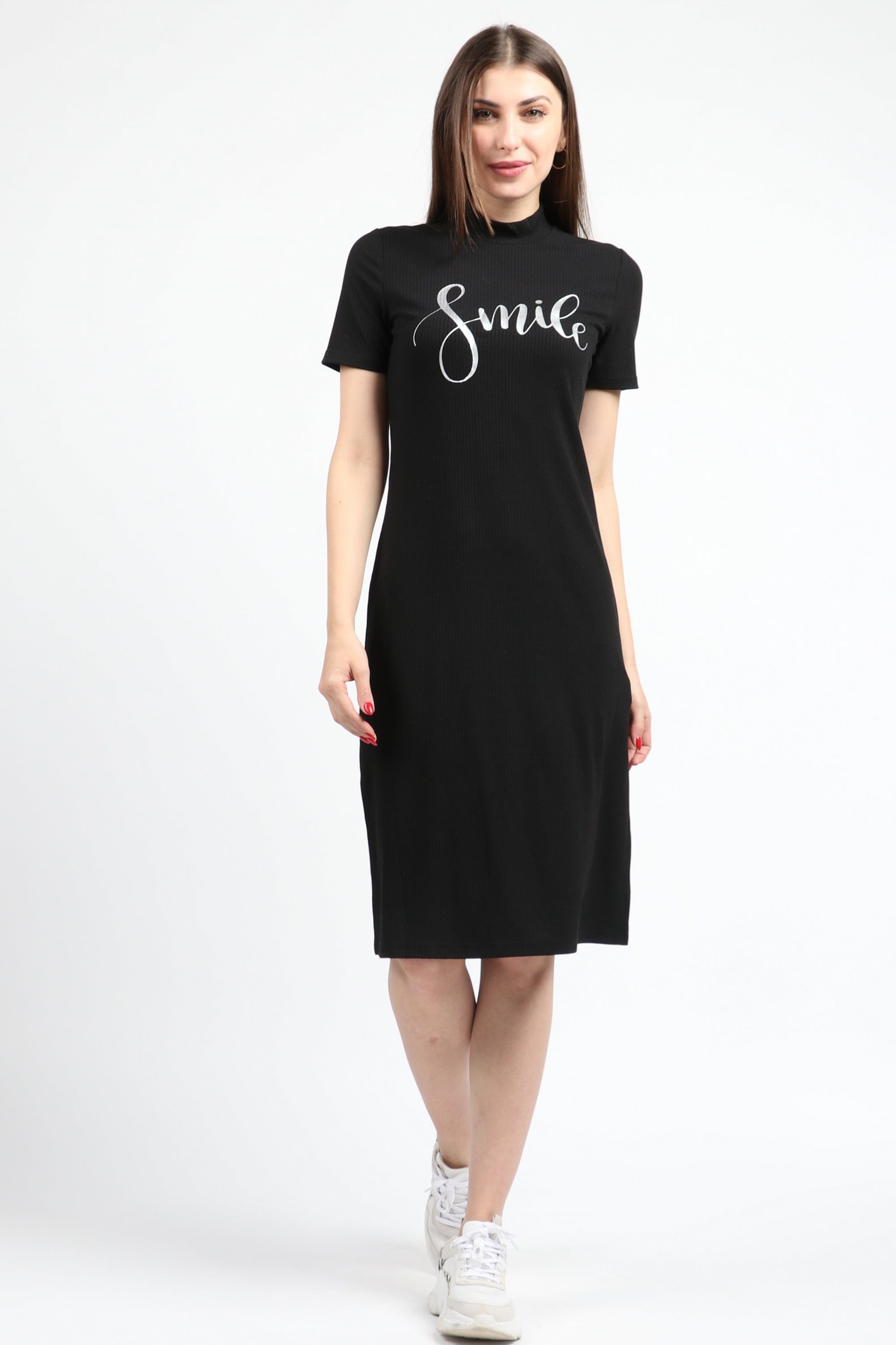 كيتشن فستان ميدي نص كم بطبعة أمامية أسود