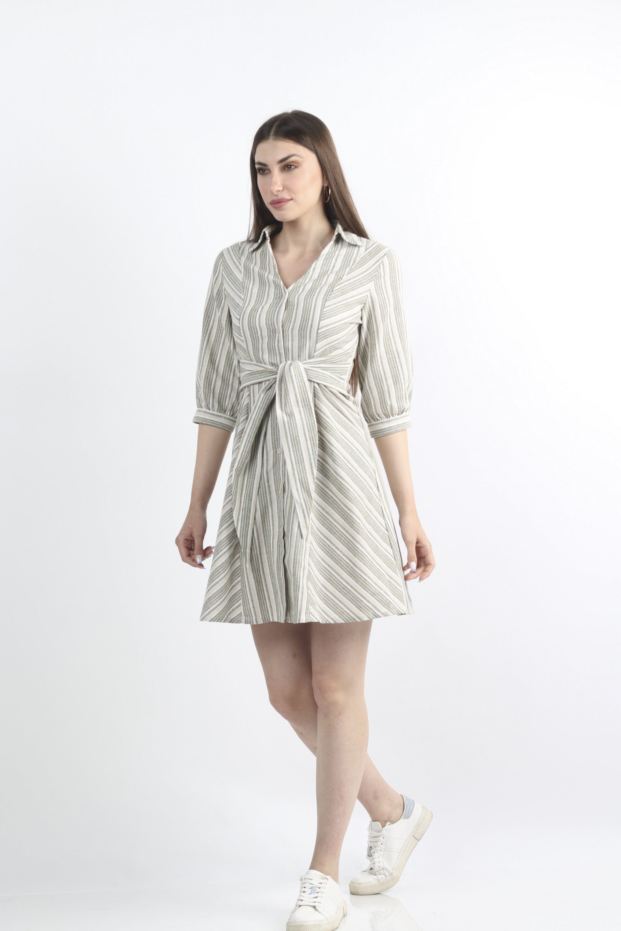 كيتشن فستان ميدي مخطط برباط على الخصر 3/4 كم بف