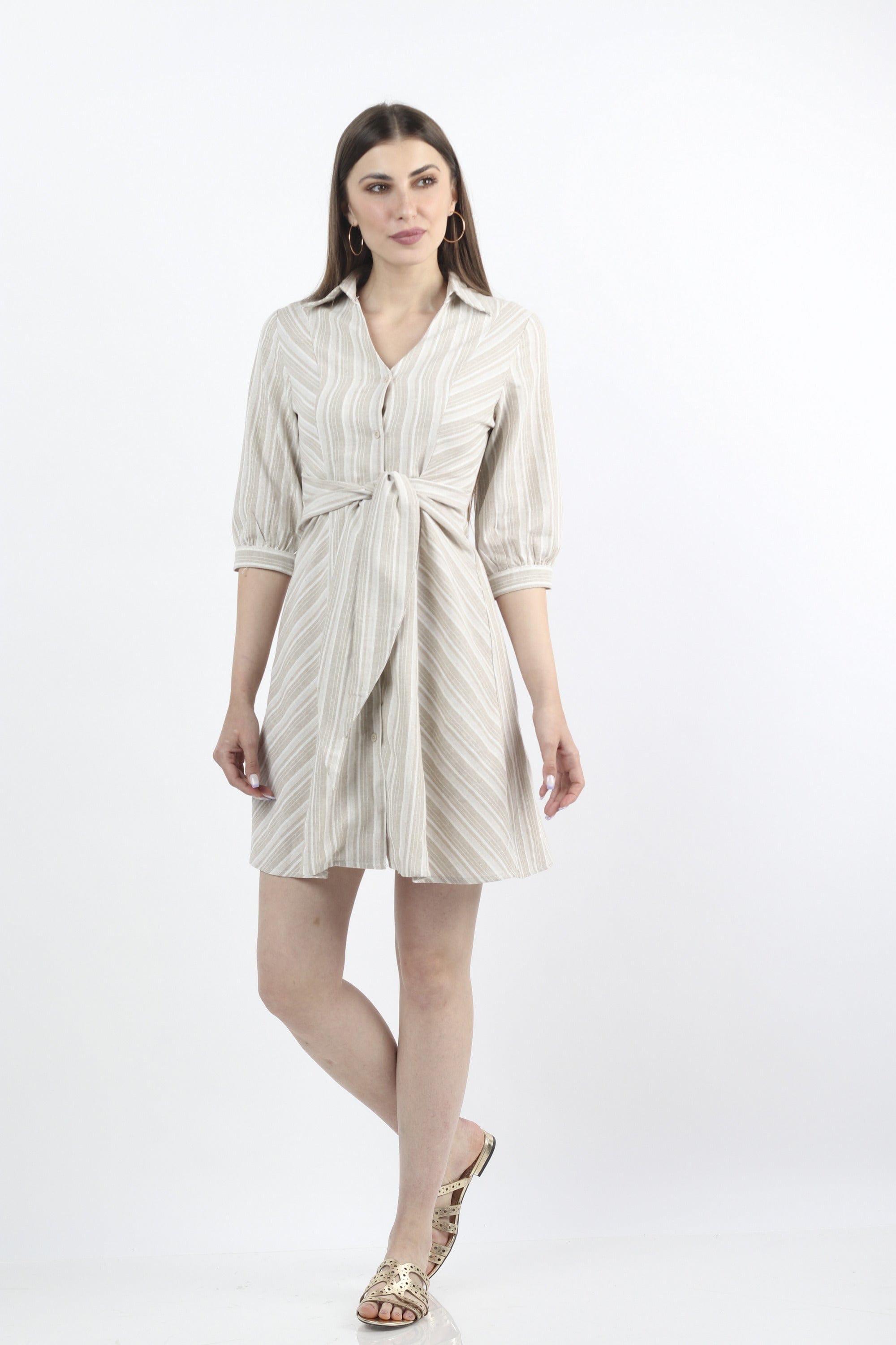 كيتشن فستان ميدي مخطط برباط على الخصر 3/4 كم بف