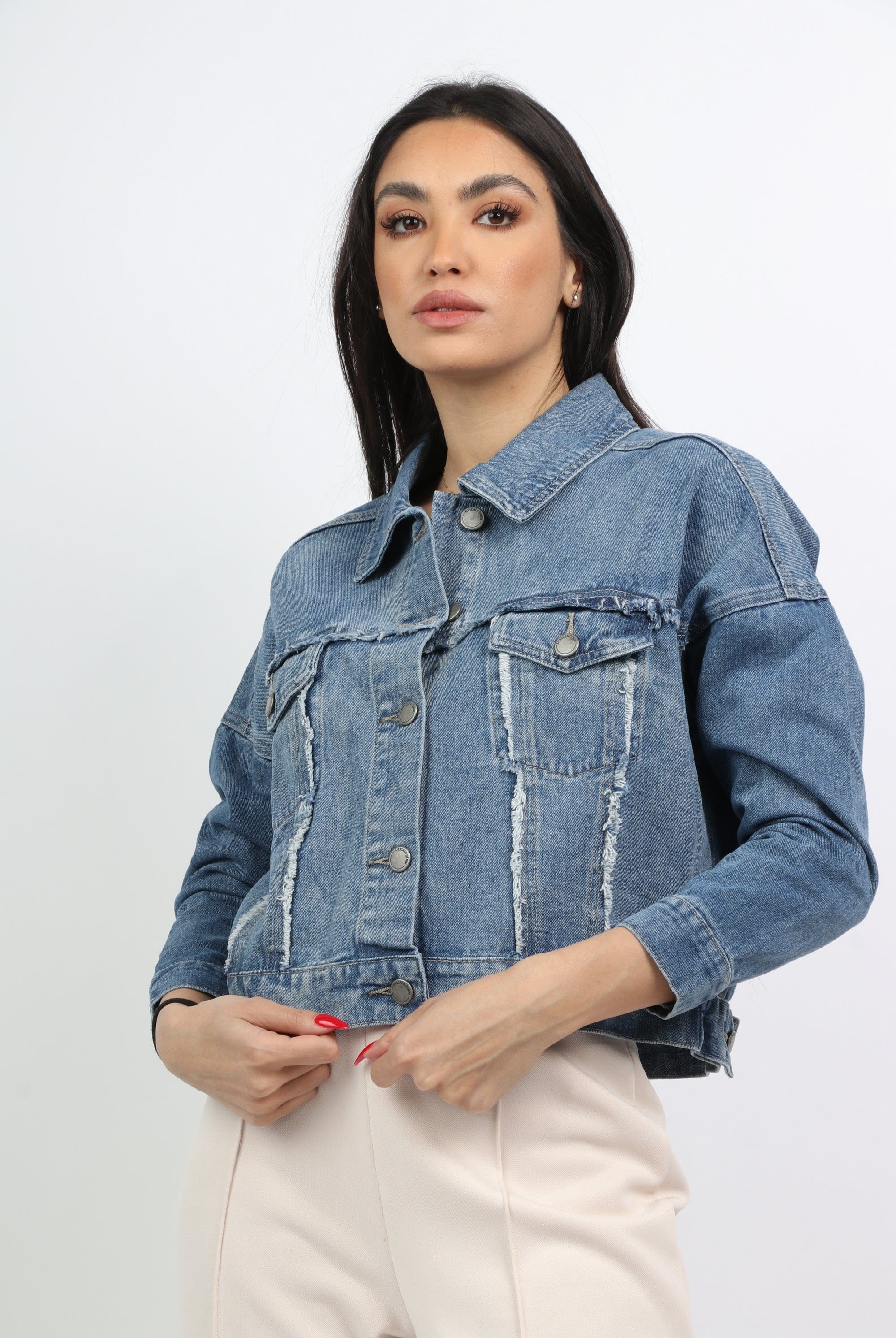 كيتشن جاكيت جينز بجيوب وأزرار أمامية وياقة كم طويلة نسائي أزرق