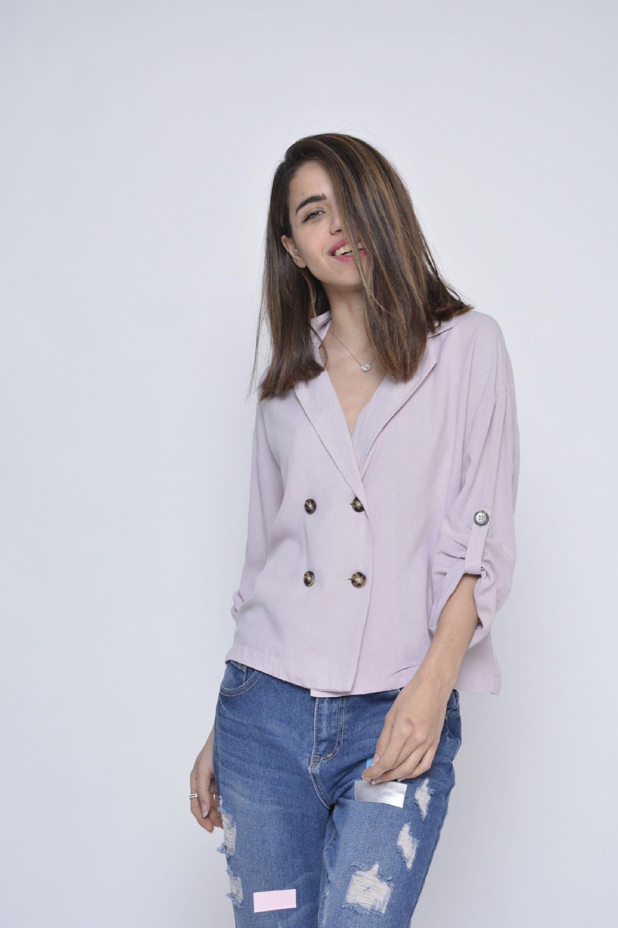 كيتشن جاكيت بأزرار أمامية كم طويل سادة نسائي وردي باهت