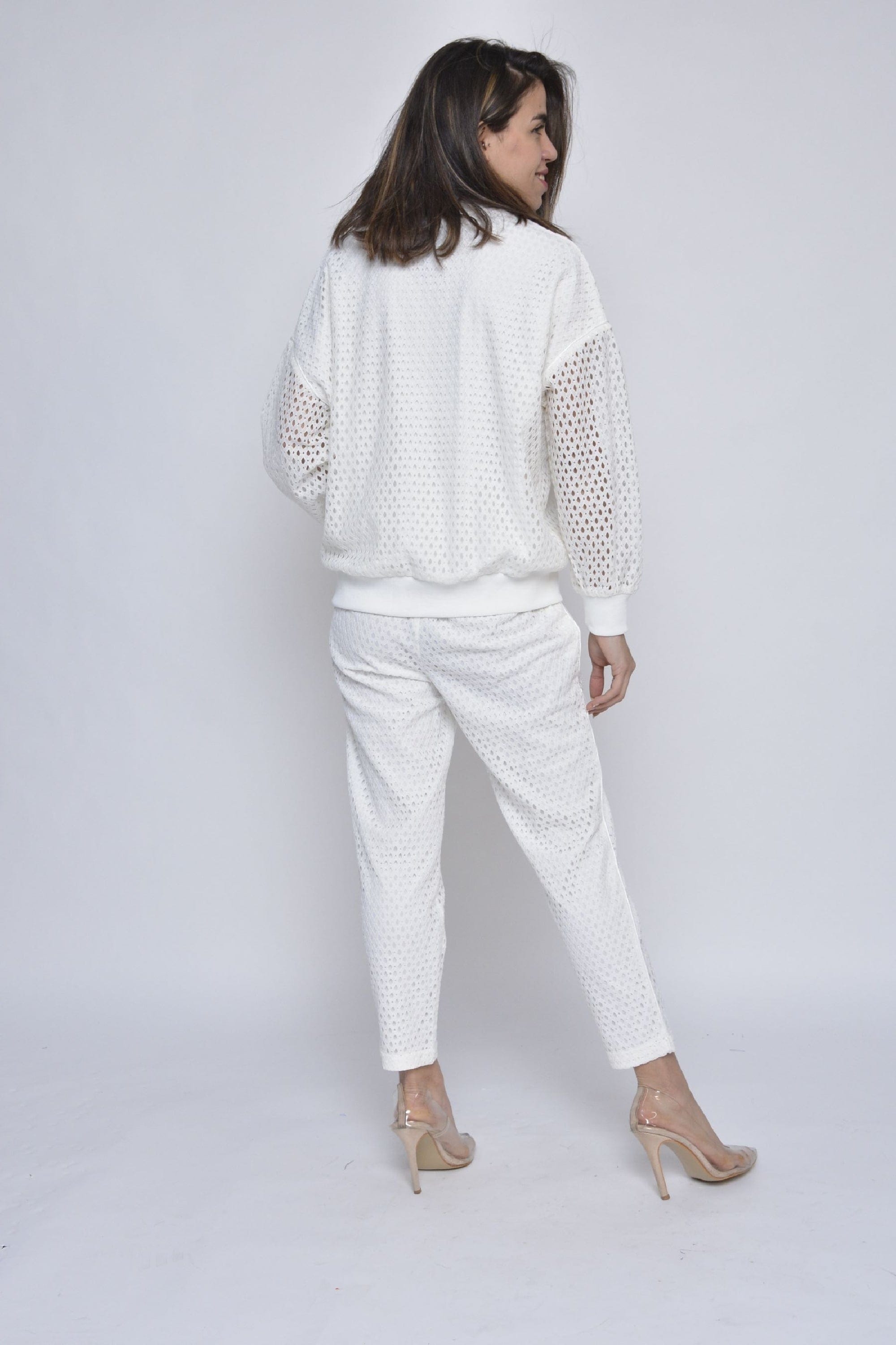 كيتشن جاكيت مخرم بسحاب سادة كم طويل نسائي أبيض