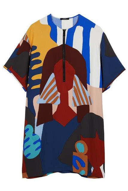 بارفوا قميص مطبوع نسائي طويل نص كم أزرق داكن