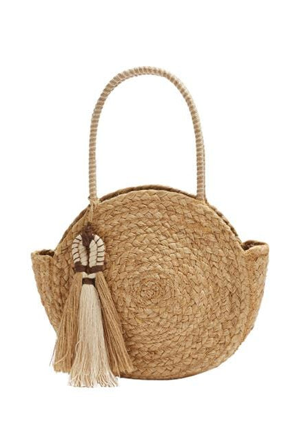 بارفوا شنطة يد دائرية منسوجة مزينة بشراشيب أصفر