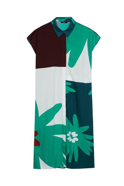 بارفوا فستان منسوج نص كم بأزرار أمامية مشجر أخضر