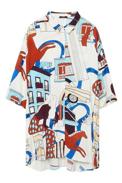 بارفوا قميص فستان منقوش طويل بأزرار أمامية نص كم نسائي بيج فاتح