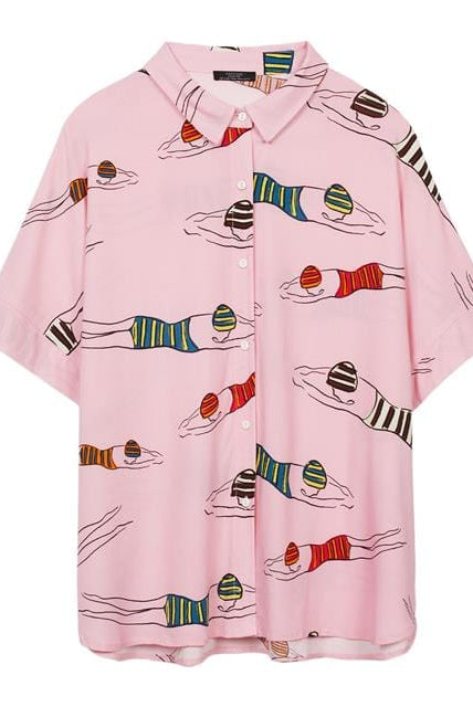 بارفوا قميص نسائي طويل منقوش وردي