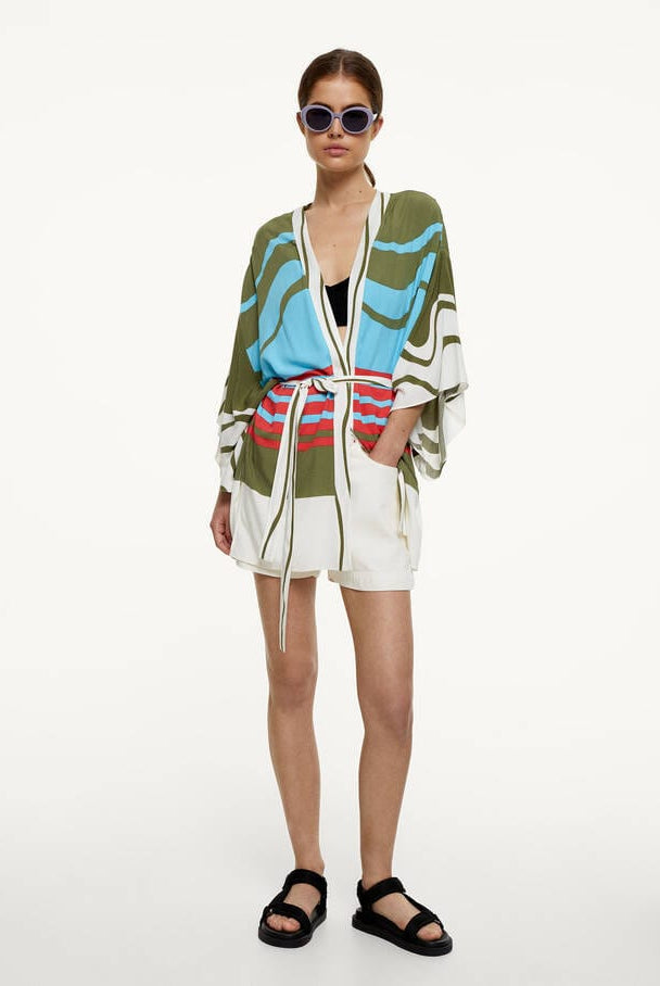 بارفوا كيمونو ملون نسائي ملحق بجيب أمامي أزرق