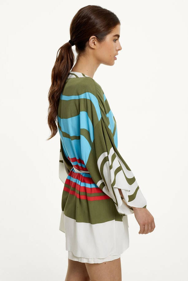 بارفوا كيمونو ملون نسائي ملحق بجيب أمامي أزرق