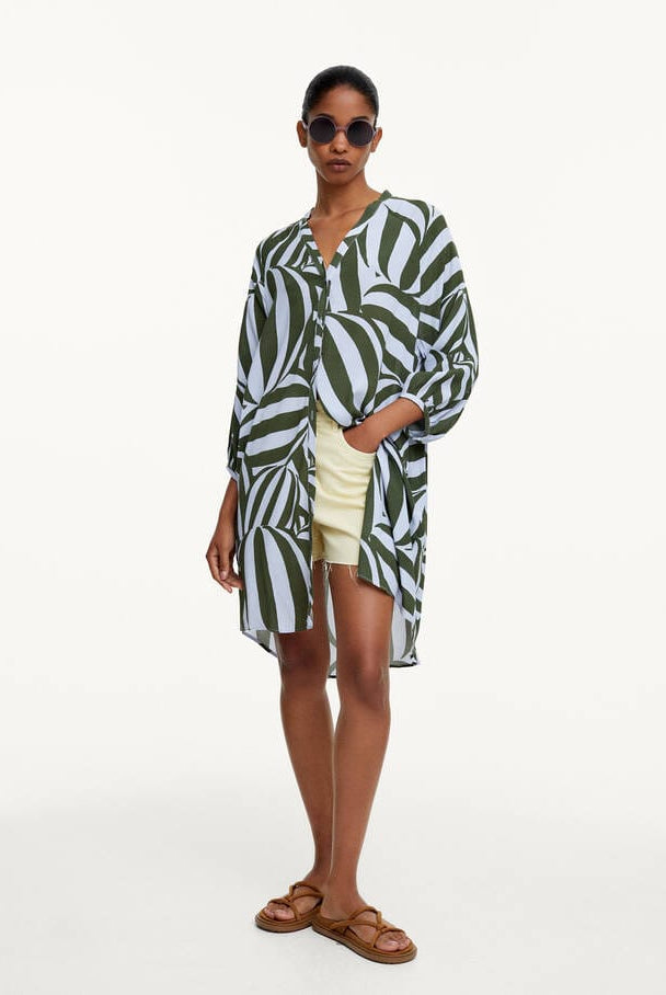 بارفوا فستان تصميم قميص نسائي مشجر بأزرار أمامية الكاكي