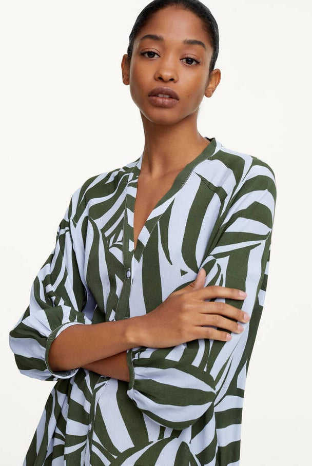 بارفوا فستان تصميم قميص نسائي مشجر بأزرار أمامية الكاكي