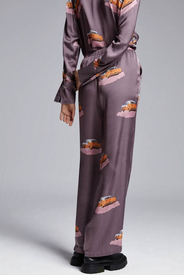 بارفوا بنطلون نسائي مطبوع بخصر عالي بني